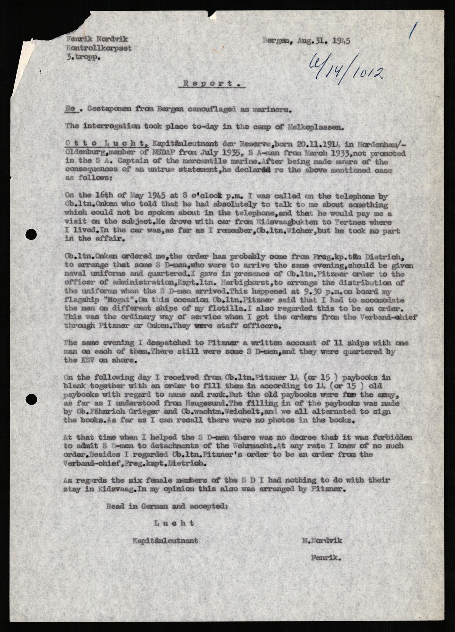 Forsvaret, Forsvarets overkommando II, AV/RA-RAFA-3915/D/Db/L0020: CI Questionaires. Tyske okkupasjonsstyrker i Norge. Tyskere., 1945-1946, s. 348