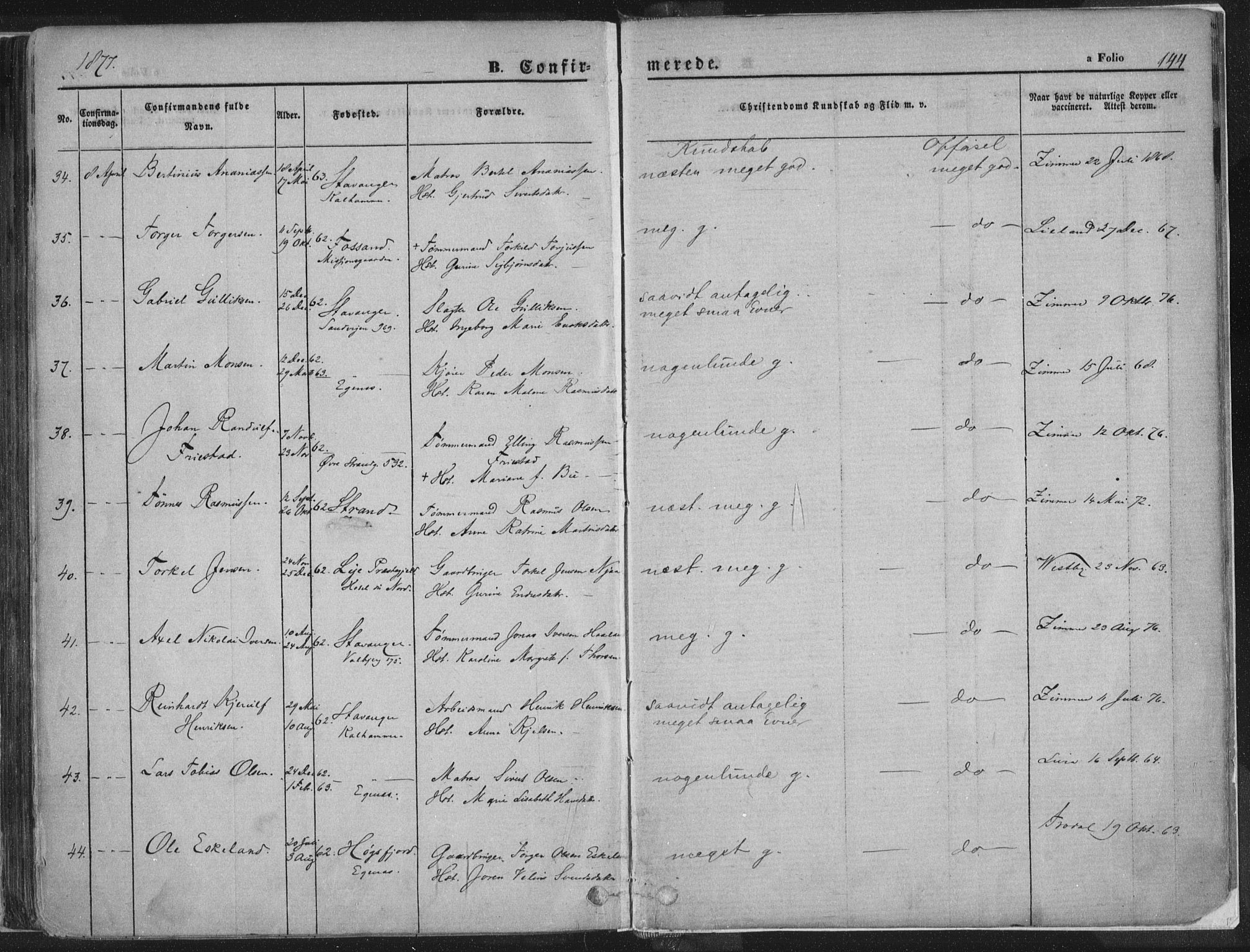 Domkirken sokneprestkontor, SAST/A-101812/001/30/30BA/L0018: Ministerialbok nr. A 17, 1857-1877, s. 144