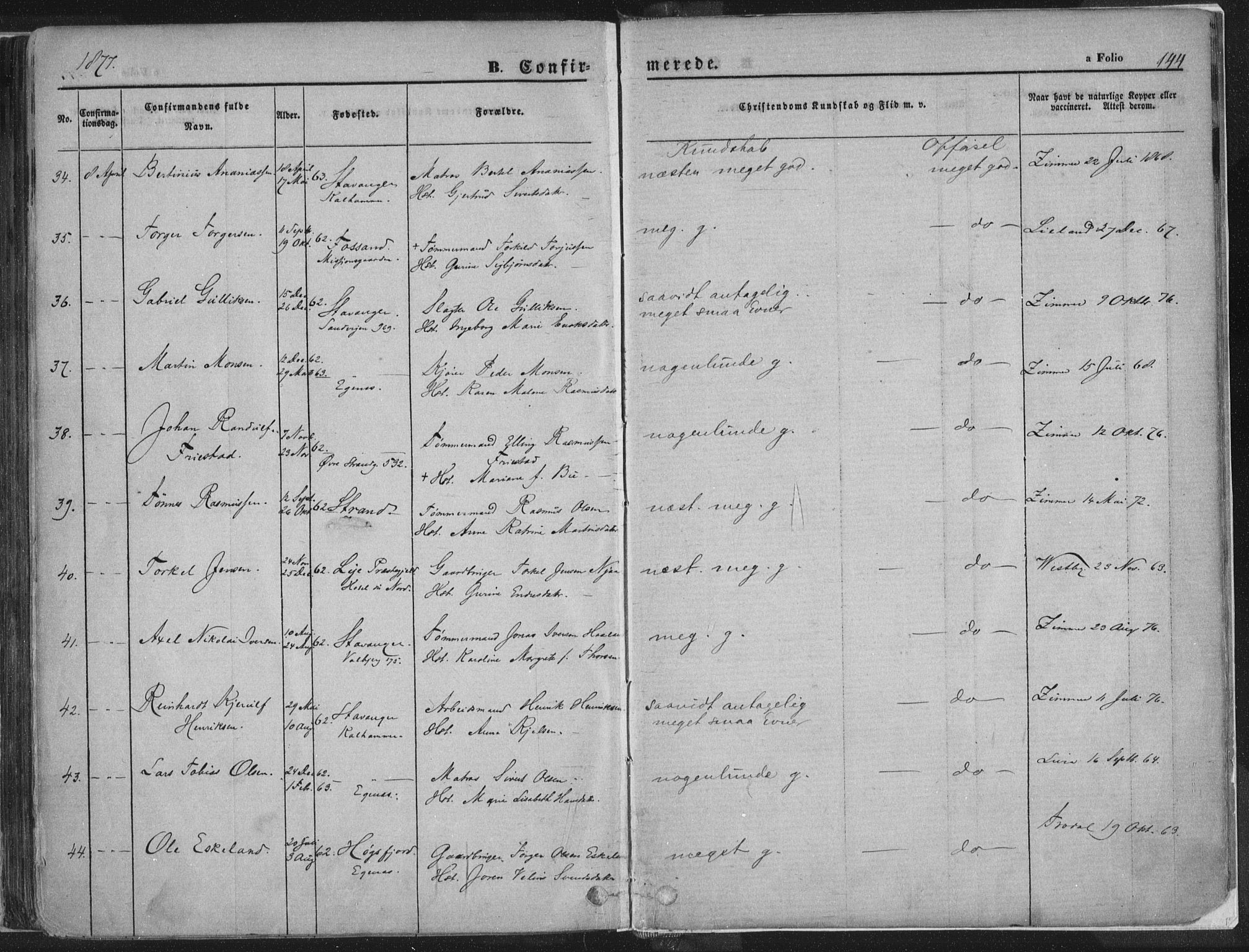 Domkirken sokneprestkontor, AV/SAST-A-101812/001/30/30BA/L0018: Ministerialbok nr. A 17, 1857-1877, s. 144