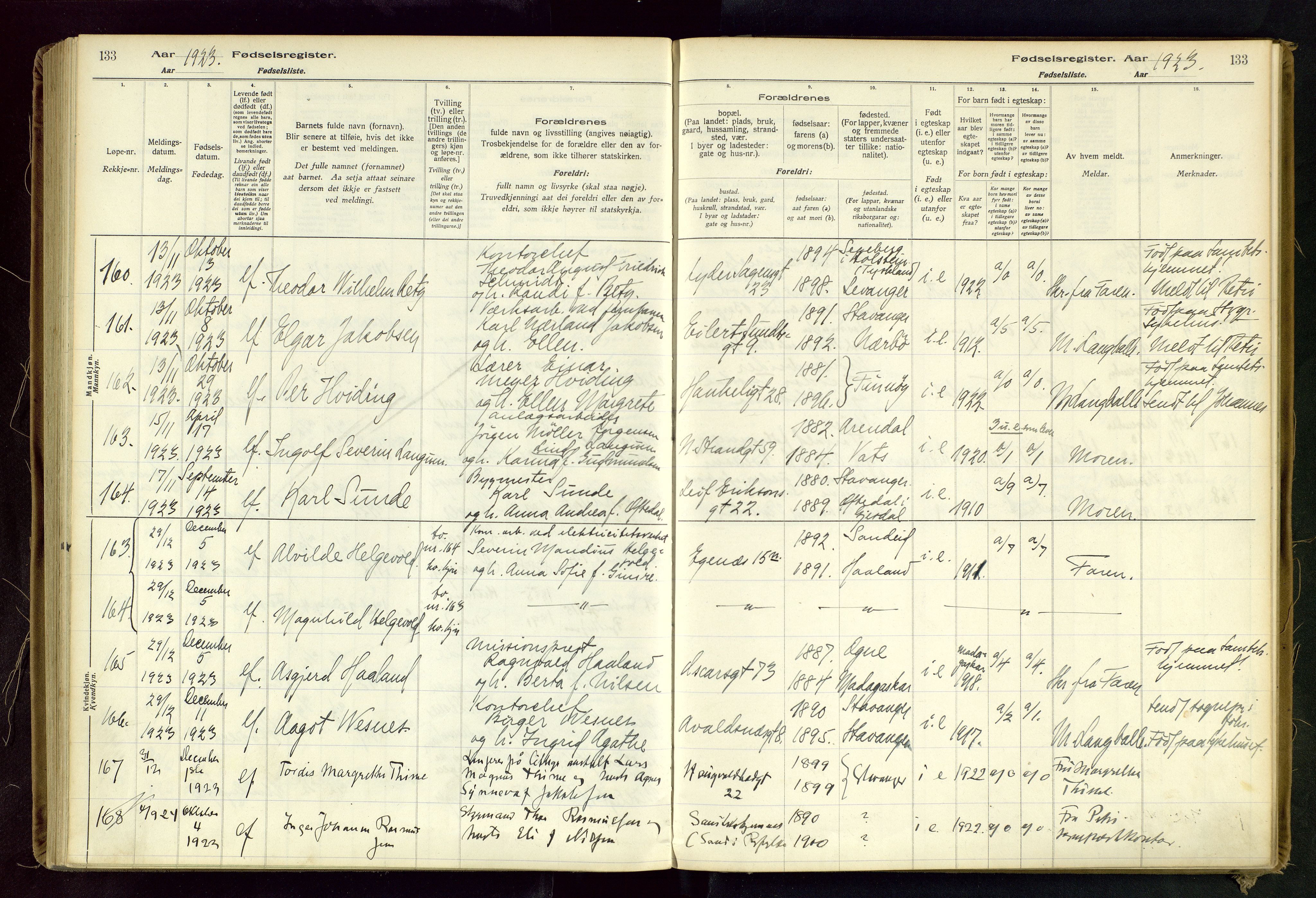 Domkirken sokneprestkontor, SAST/A-101812/002/B/L0002: Fødselsregister nr. 2, 1920-1925, s. 133