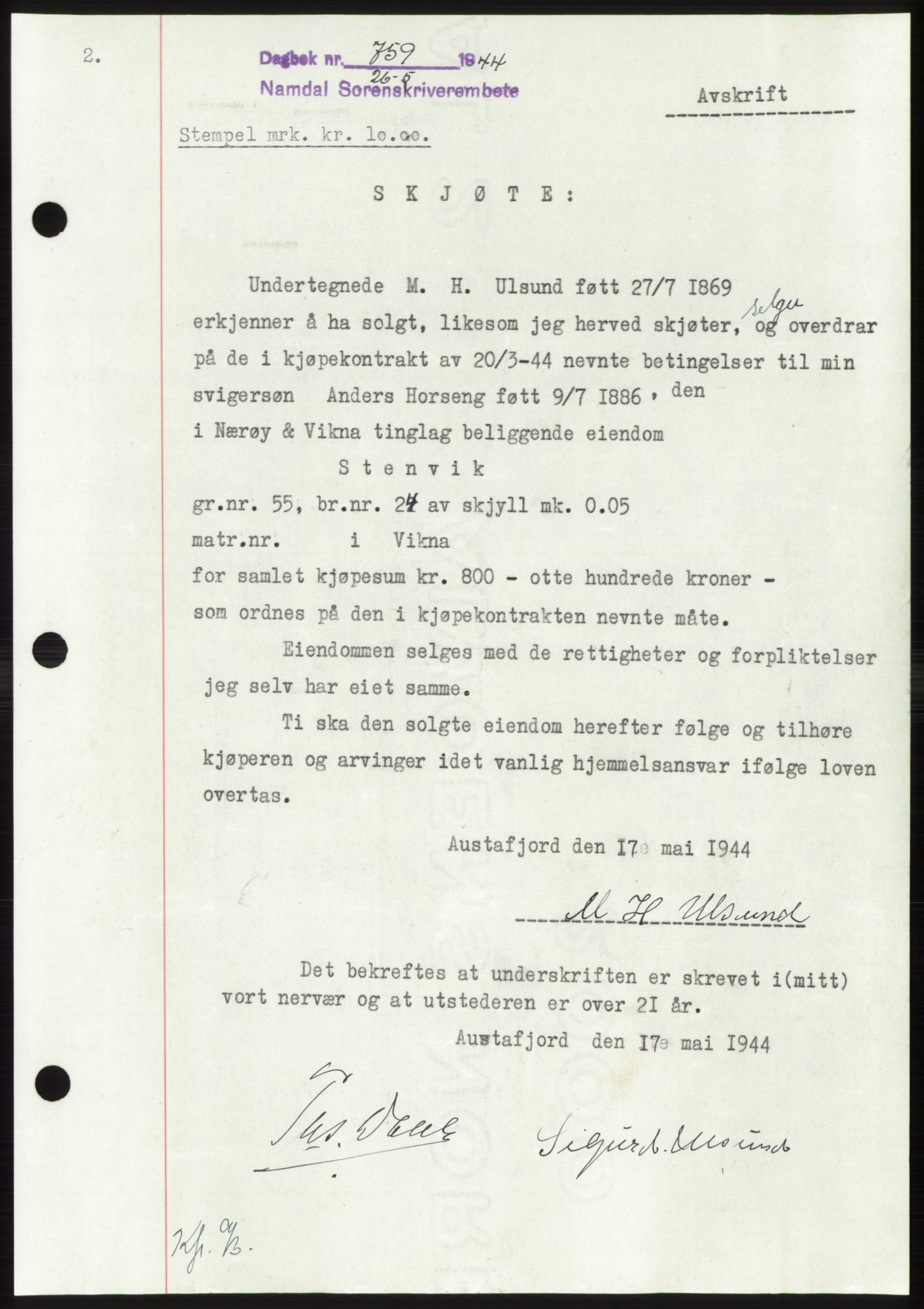 Namdal sorenskriveri, SAT/A-4133/1/2/2C: Pantebok nr. -, 1944-1945, Dagboknr: 759/1944