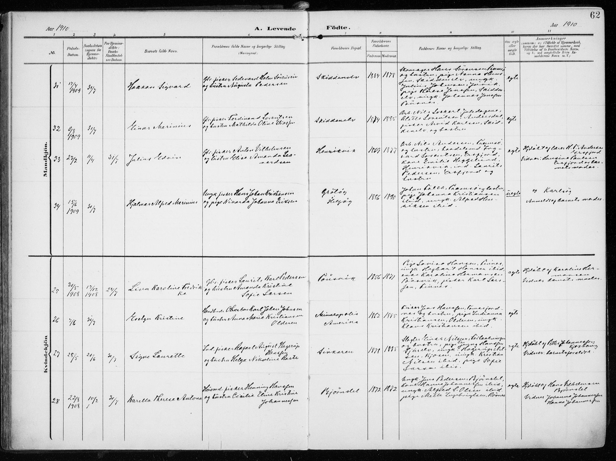 Tromsøysund sokneprestkontor, AV/SATØ-S-1304/G/Ga/L0007kirke: Ministerialbok nr. 7, 1907-1914, s. 62