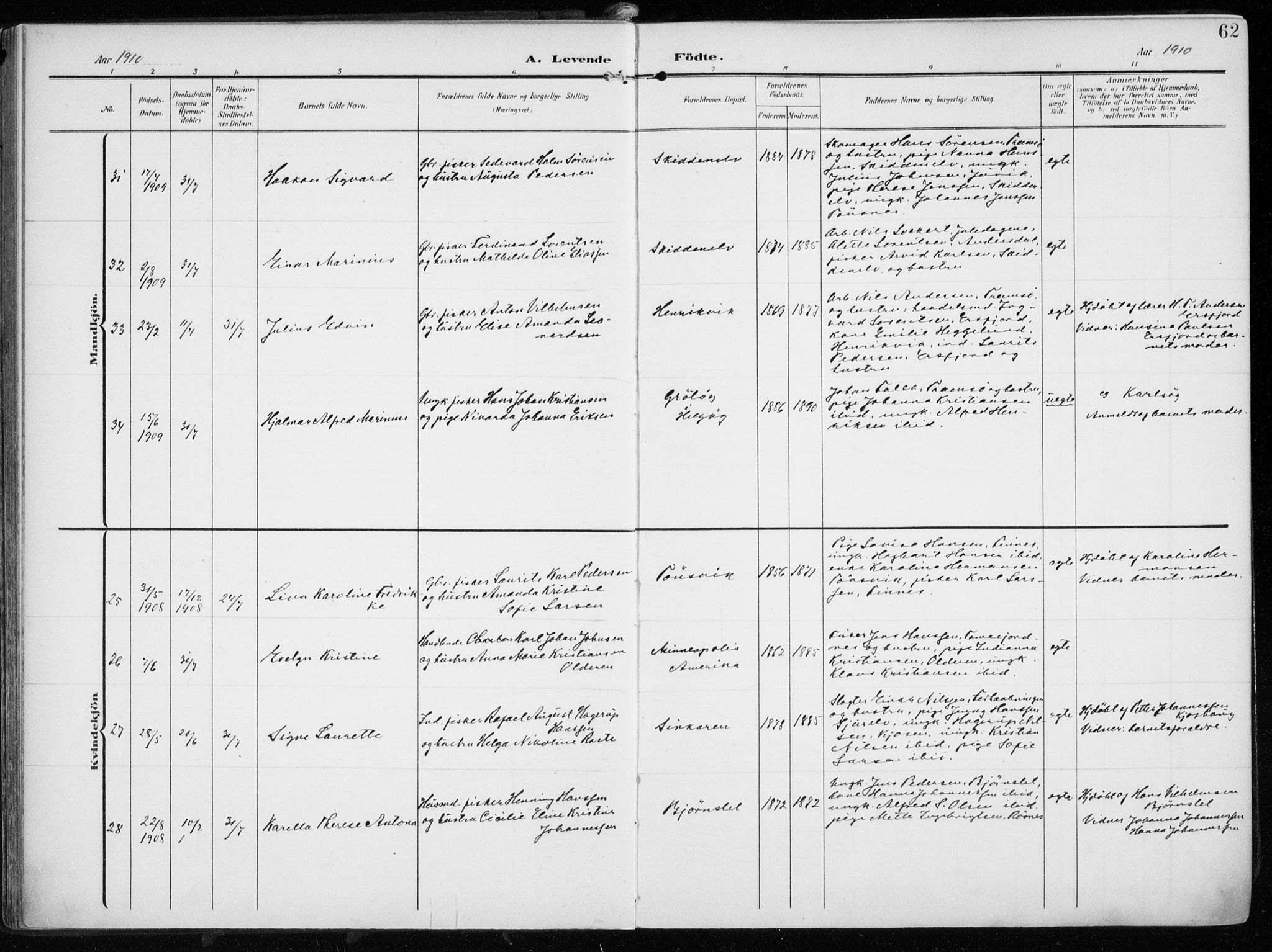 Tromsøysund sokneprestkontor, SATØ/S-1304/G/Ga/L0007kirke: Ministerialbok nr. 7, 1907-1914, s. 62