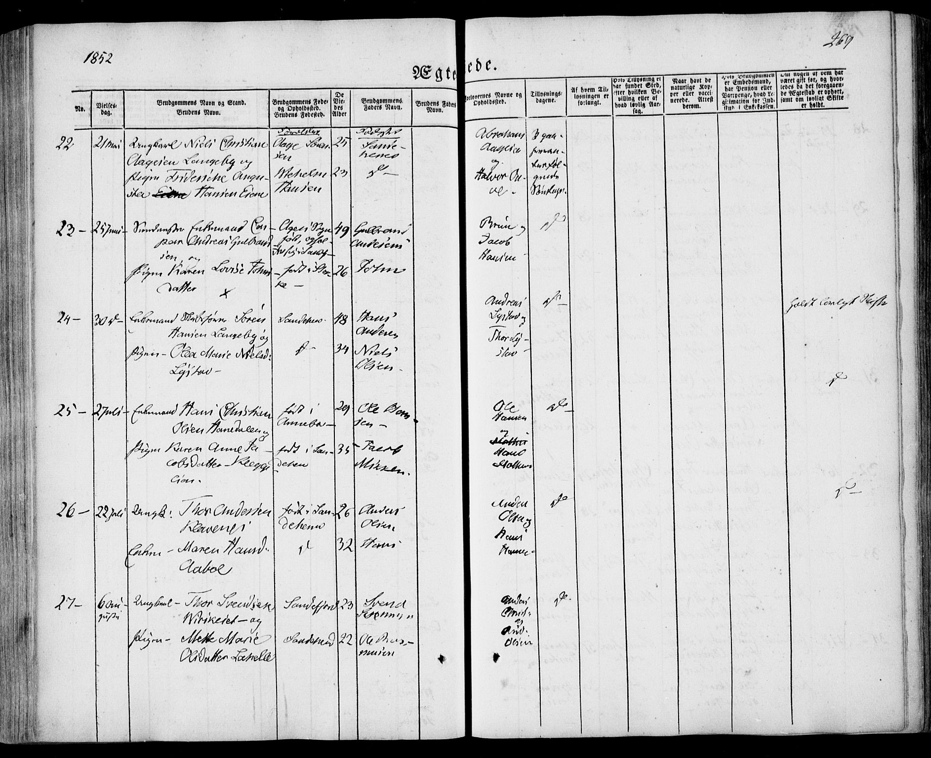 Sandar kirkebøker, AV/SAKO-A-243/F/Fa/L0006: Ministerialbok nr. 6, 1847-1860, s. 269