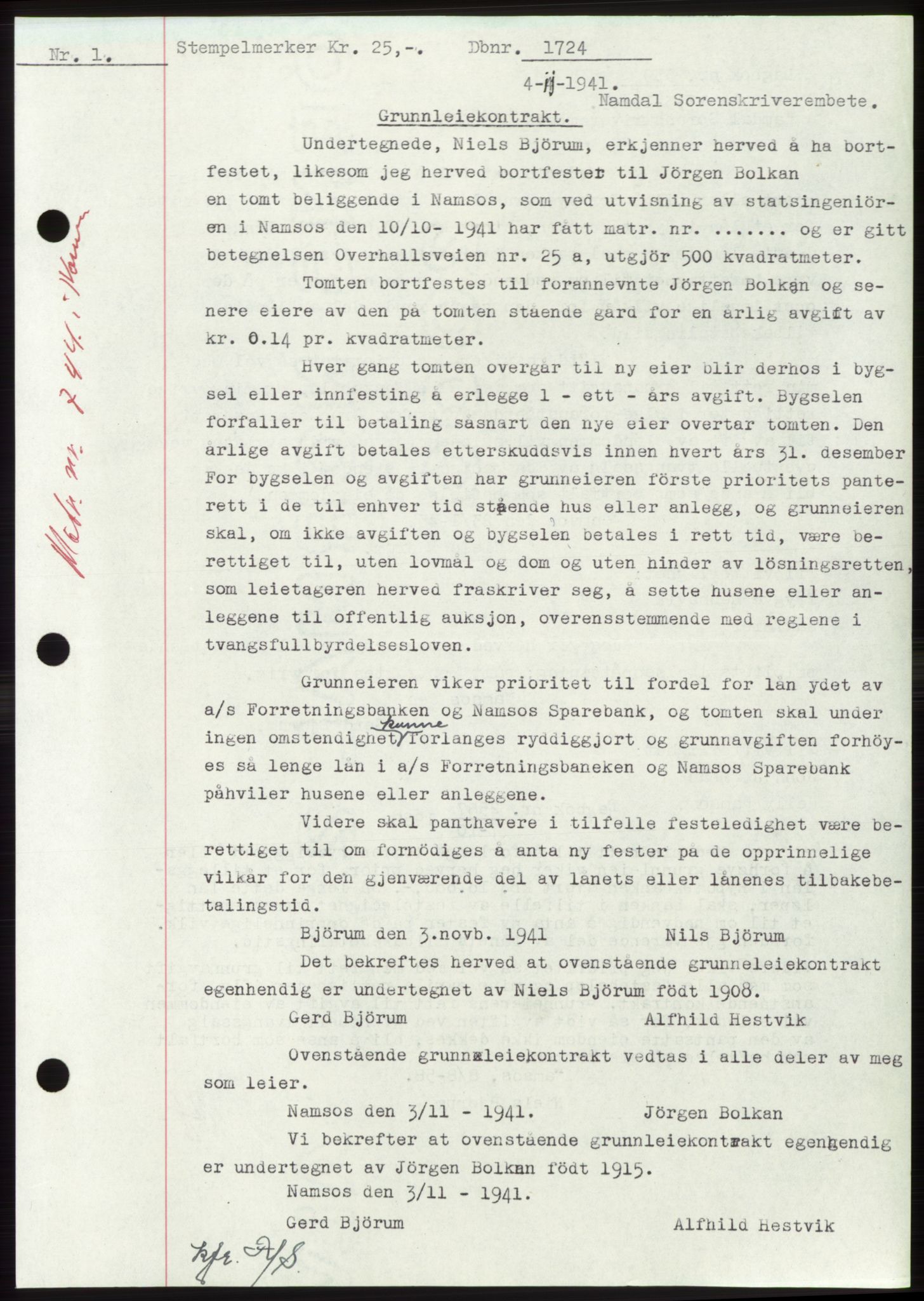 Namdal sorenskriveri, SAT/A-4133/1/2/2C: Pantebok nr. -, 1941-1942, Dagboknr: 1724/1941