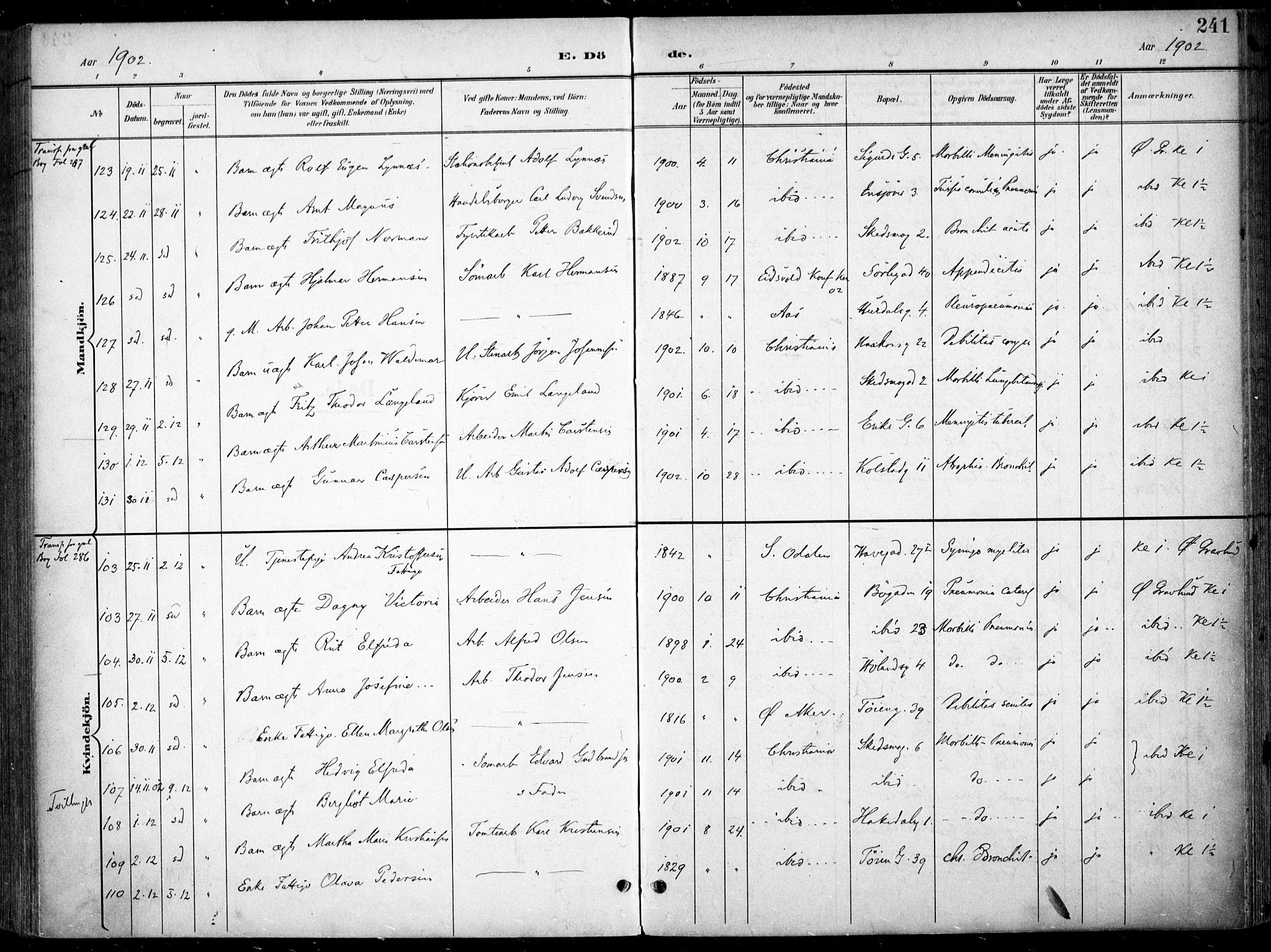 Kampen prestekontor Kirkebøker, AV/SAO-A-10853/F/Fa/L0009: Ministerialbok nr. I 9, 1899-1911, s. 241