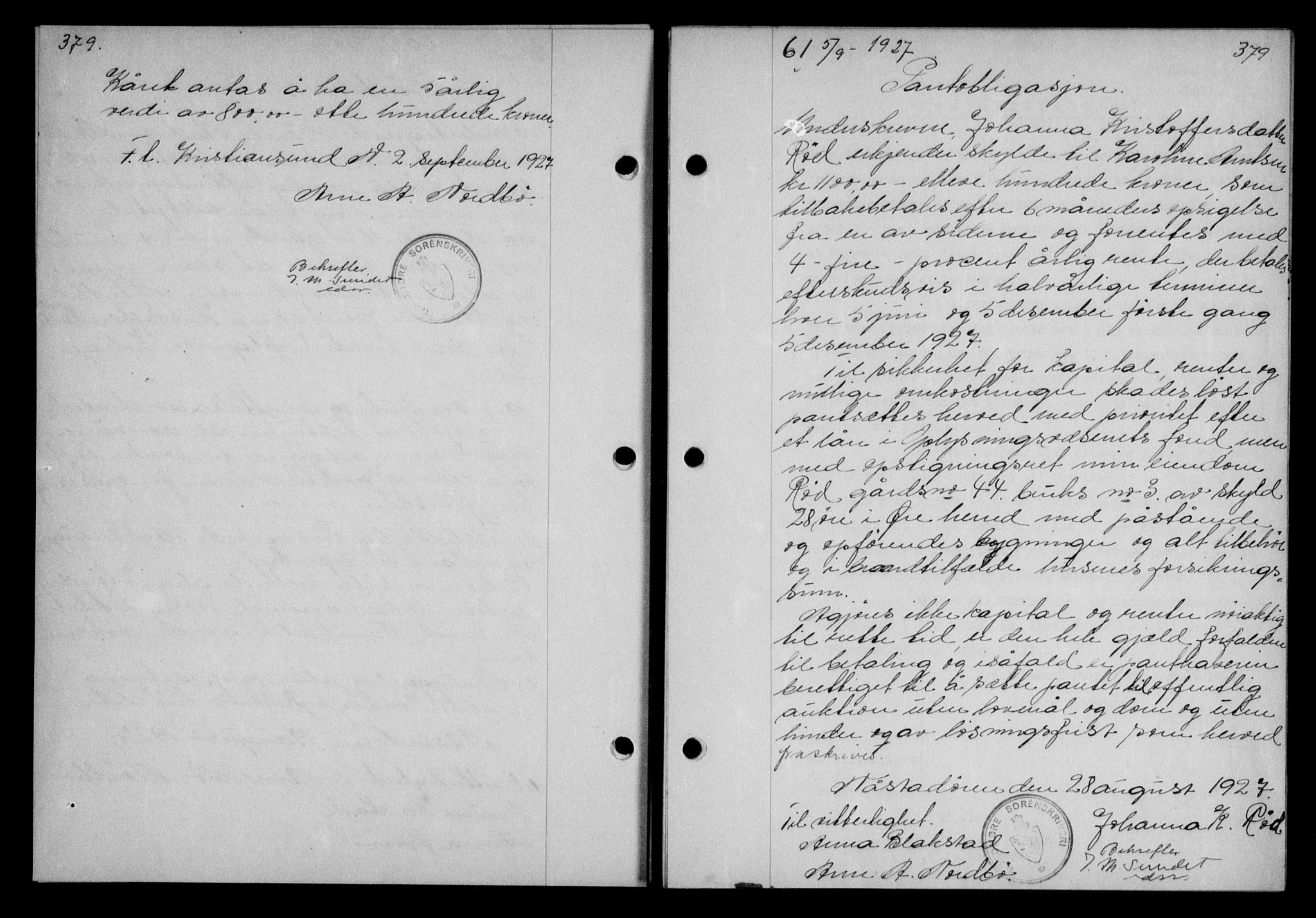 Nordmøre sorenskriveri, AV/SAT-A-4132/1/2/2Ca/L0062: Pantebok nr. 52, 1927-1927, Tingl.dato: 05.09.1927