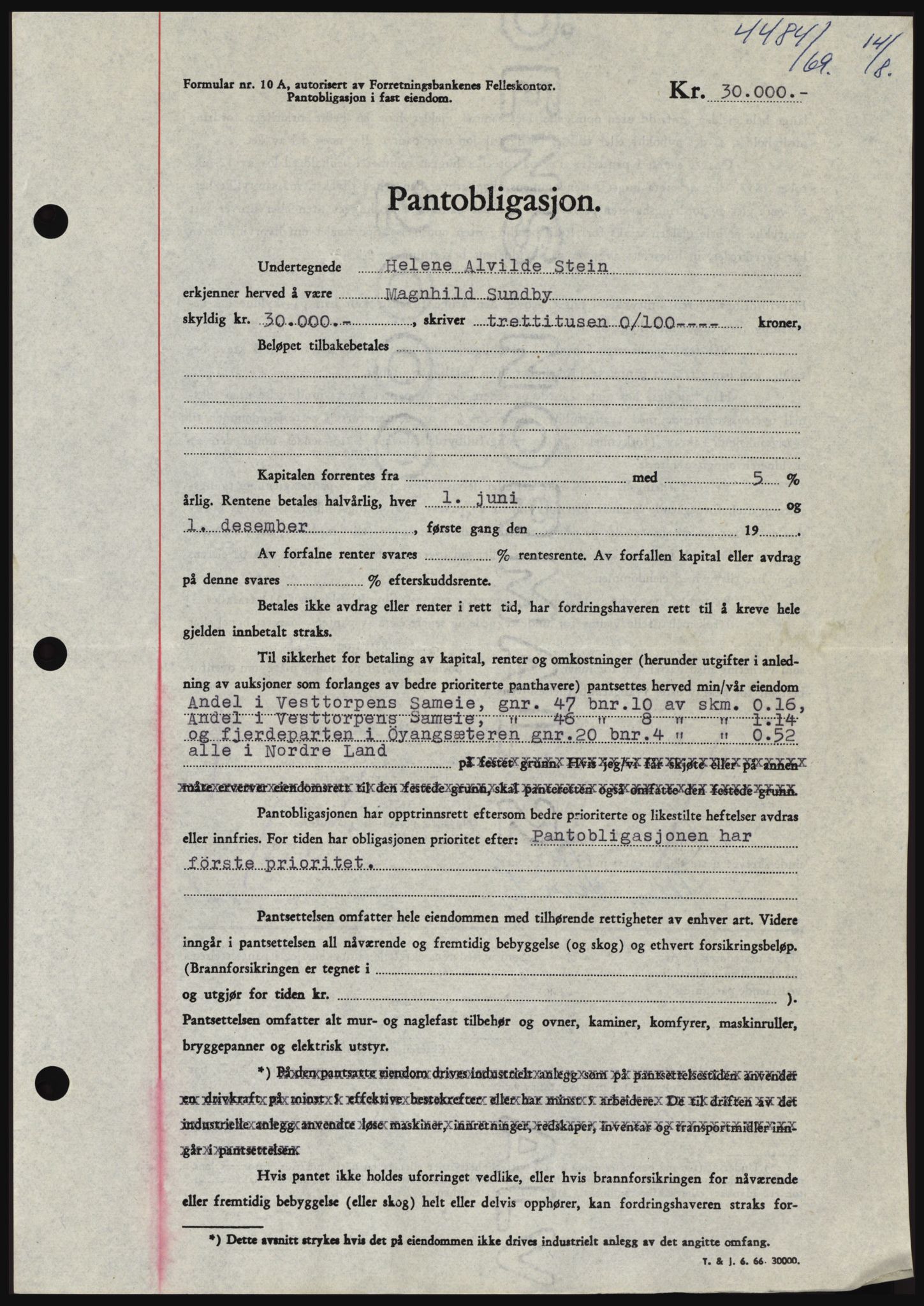 Hadeland og Land tingrett, SAH/TING-010/H/Hb/Hbc/L0074: Pantebok nr. B74, 1969-1969, Dagboknr: 4484/1969