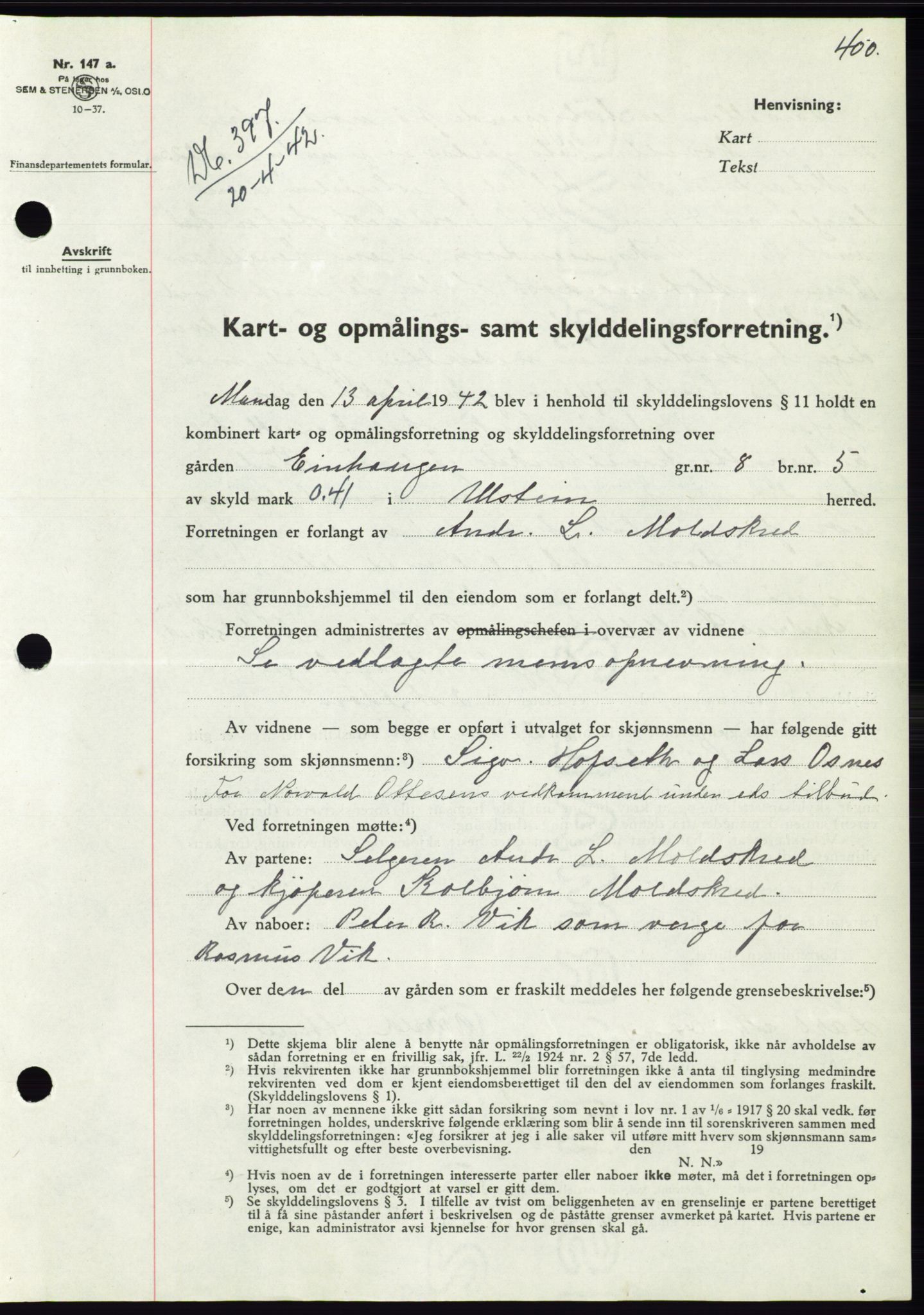 Søre Sunnmøre sorenskriveri, SAT/A-4122/1/2/2C/L0073: Pantebok nr. 67, 1941-1942, Dagboknr: 397/1942