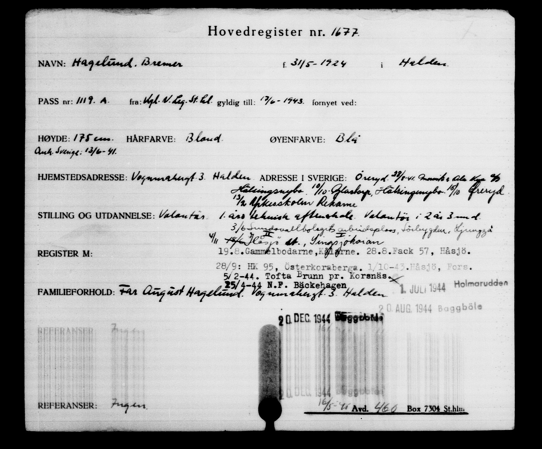 Utenriksstasjonene, Legasjonen i Stockholm, Flyktningkontoret, AV/RA-S-6753/V/Va/L0002: Kjesäterkartoteket, flyktninger med registreringsnr. 1001-2000, 1940-1945, s. 959