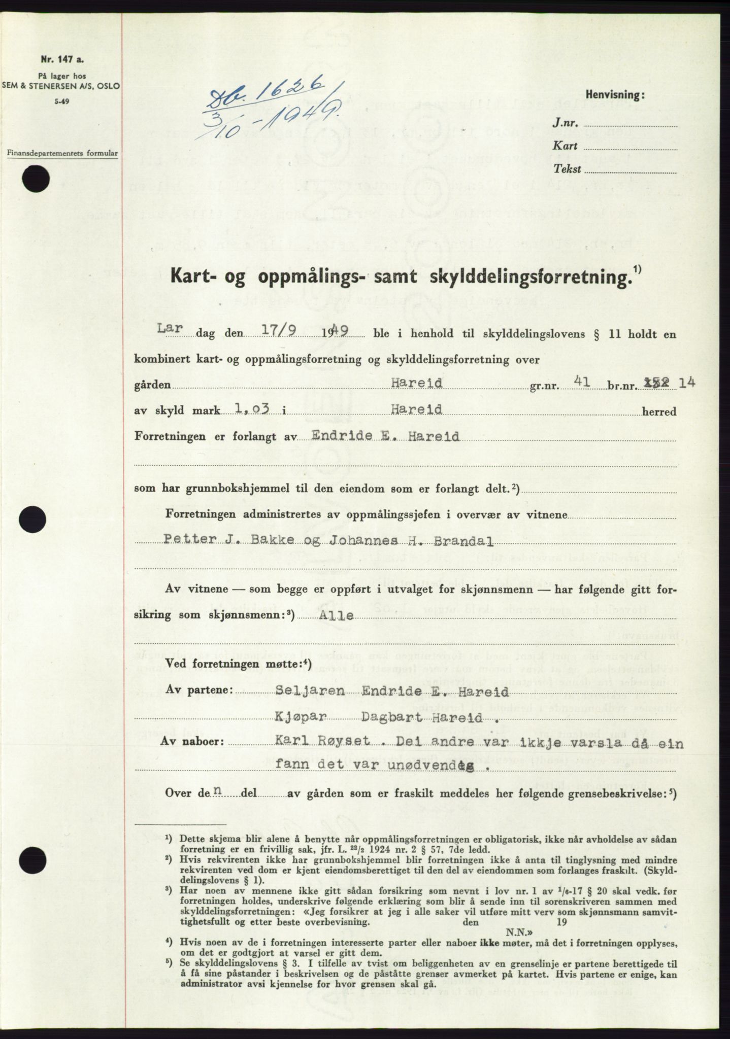 Søre Sunnmøre sorenskriveri, SAT/A-4122/1/2/2C/L0085: Pantebok nr. 11A, 1949-1949, Dagboknr: 1626/1949