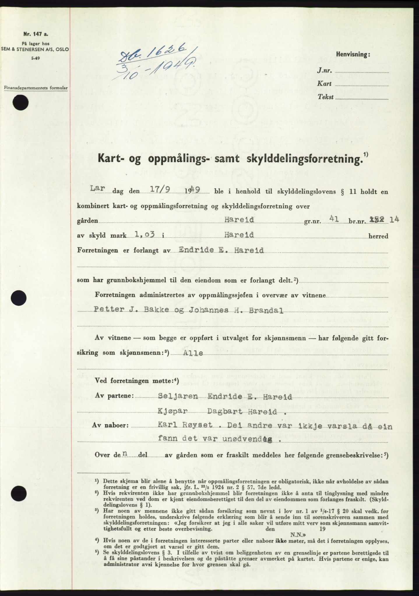 Søre Sunnmøre sorenskriveri, AV/SAT-A-4122/1/2/2C/L0085: Pantebok nr. 11A, 1949-1949, Dagboknr: 1626/1949