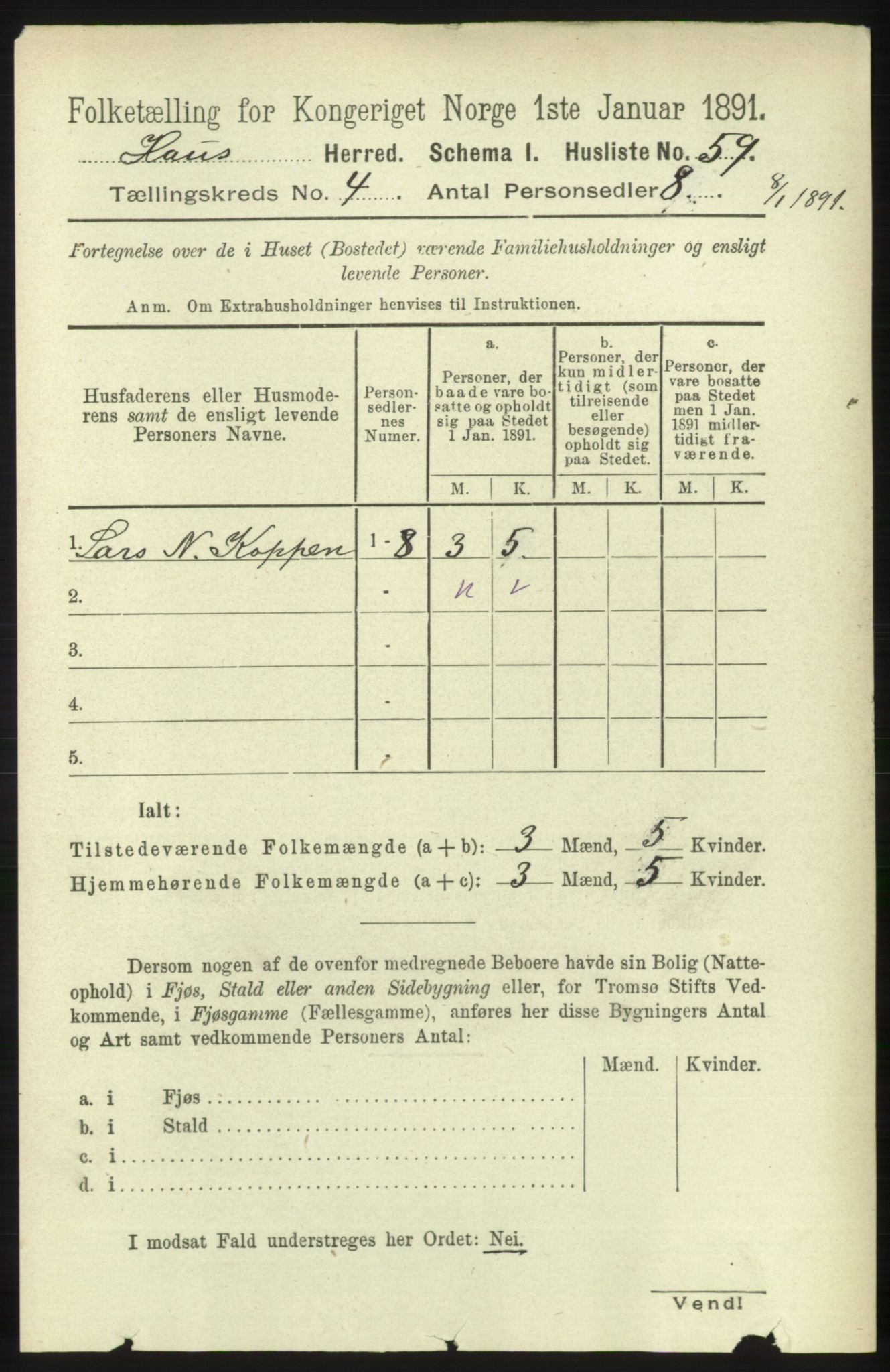 RA, Folketelling 1891 for 1250 Haus herred, 1891, s. 1400