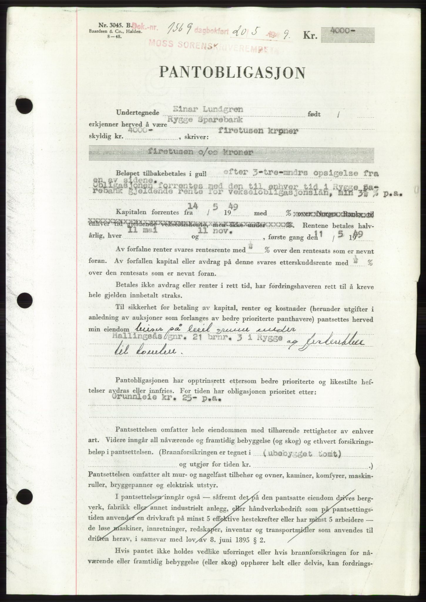 Moss sorenskriveri, SAO/A-10168: Pantebok nr. B21, 1949-1949, Dagboknr: 1569/1949