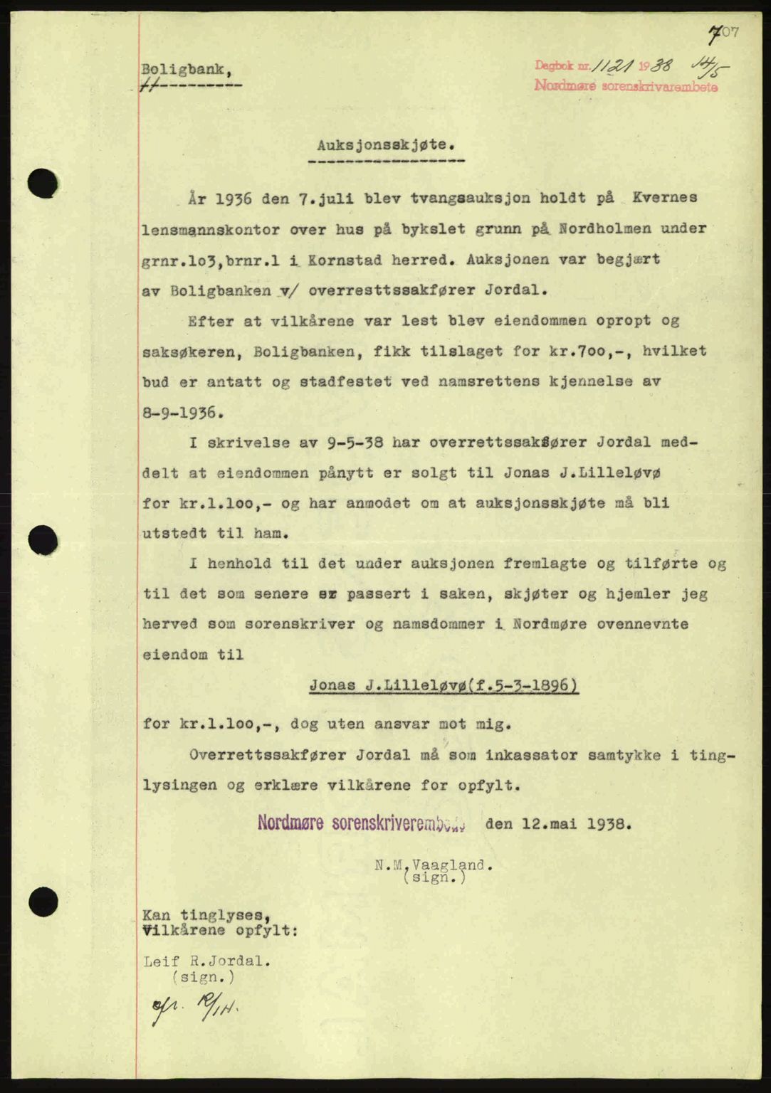 Nordmøre sorenskriveri, SAT/A-4132/1/2/2Ca: Pantebok nr. A83, 1938-1938, Dagboknr: 1121/1938