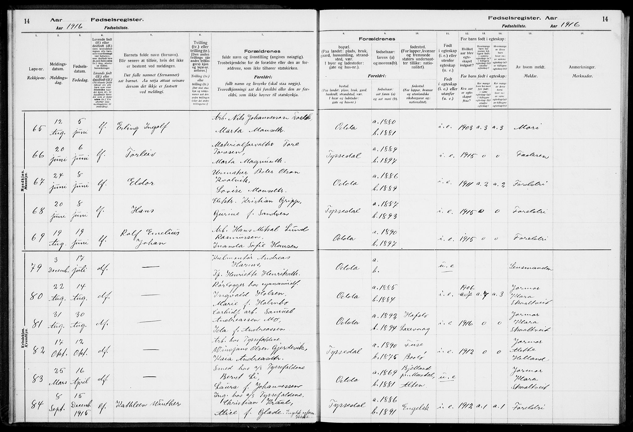Odda Sokneprestembete, SAB/A-77201/I/Id/L00A1: Fødselsregister nr. A 1, 1916-1925, s. 14