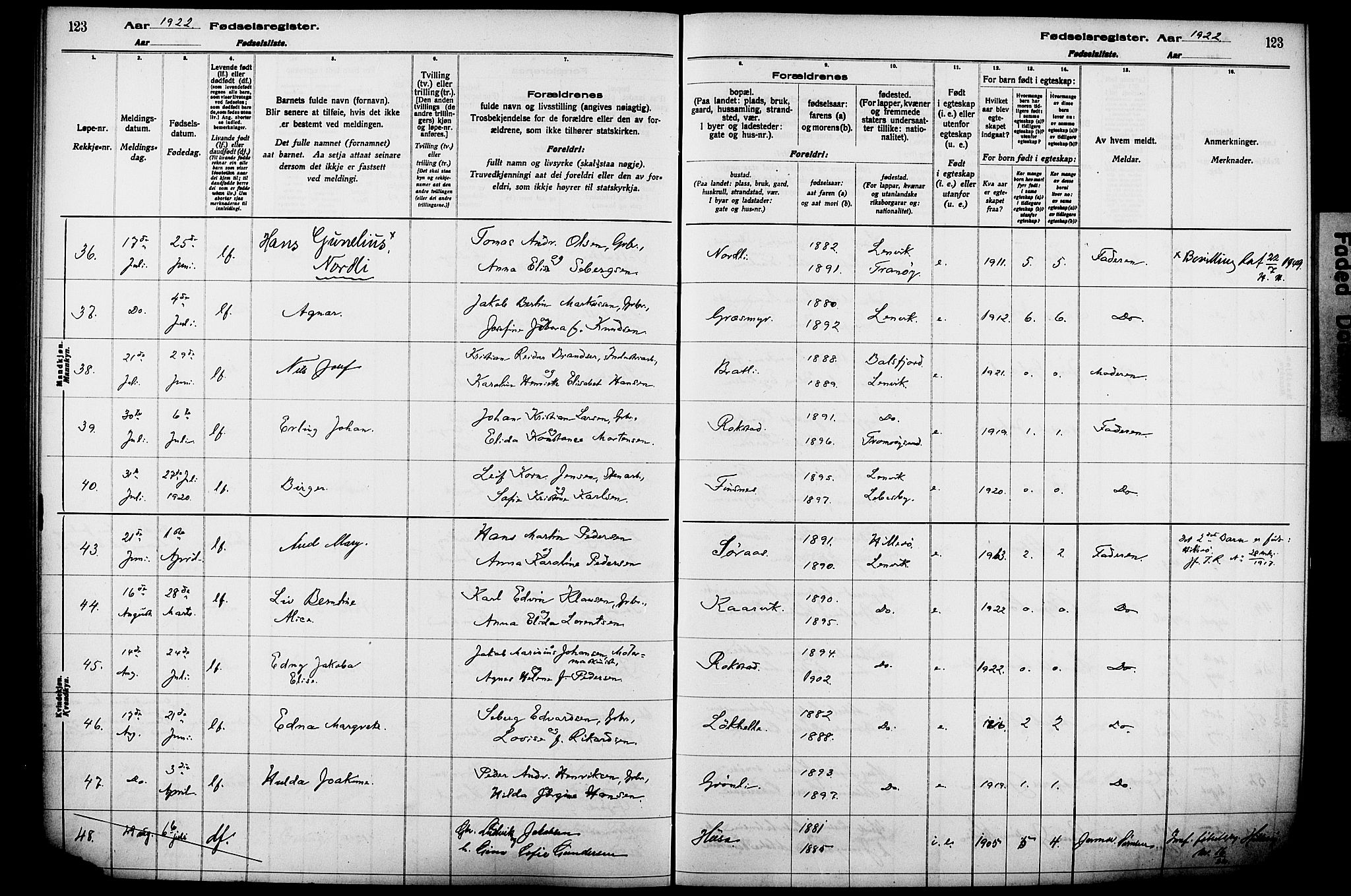 Lenvik sokneprestembete, AV/SATØ-S-1310/I/Ic/L0089: Fødselsregister nr. 89, 1916-1926, s. 123