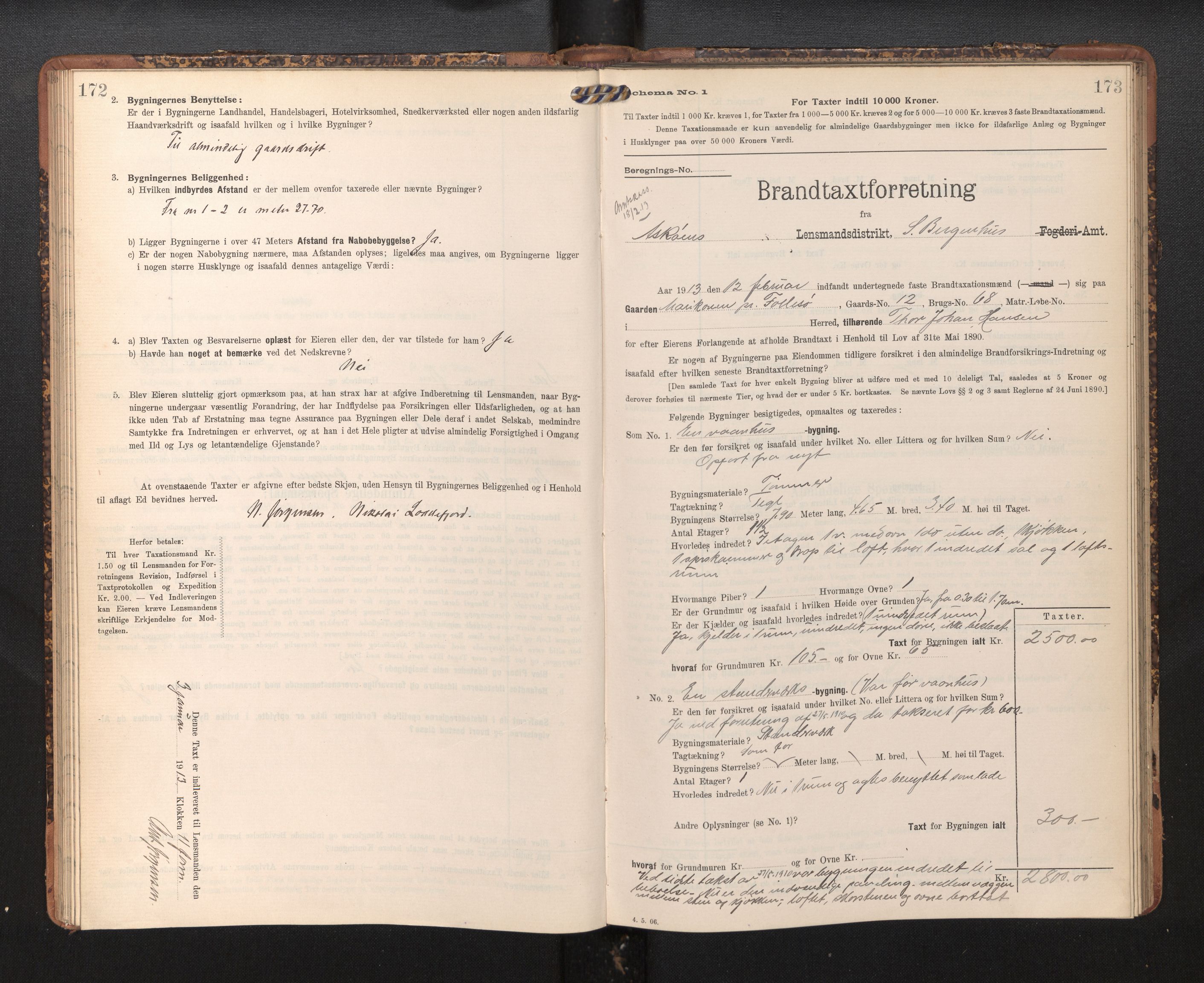 Lensmannen i Askøy, SAB/A-31001/0012/L0005: Branntakstprotokoll, skjematakst, 1907-1915, s. 172-173