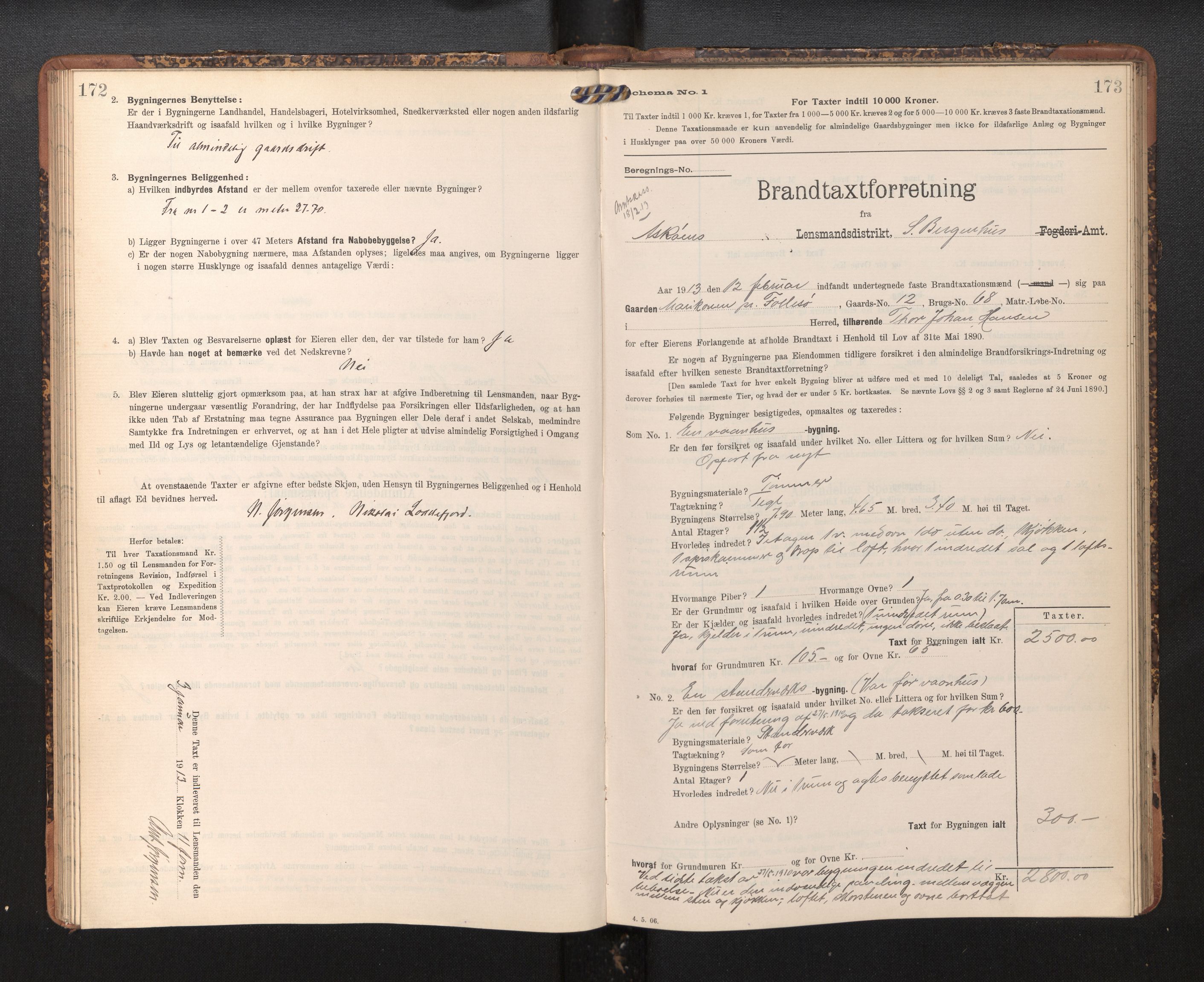 Lensmannen i Askøy, AV/SAB-A-31001/0012/L0005: Branntakstprotokoll, skjematakst, 1907-1915, s. 172-173