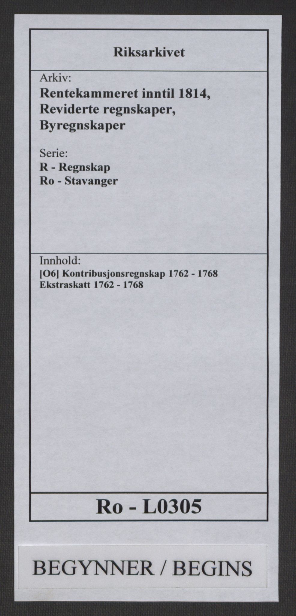 Rentekammeret inntil 1814, Reviderte regnskaper, Byregnskaper, AV/RA-EA-4066/R/Ro/L0305/0001: [O6] Kontribusjonsregnskap / Ekstraskatt, 1762-1768, s. 1