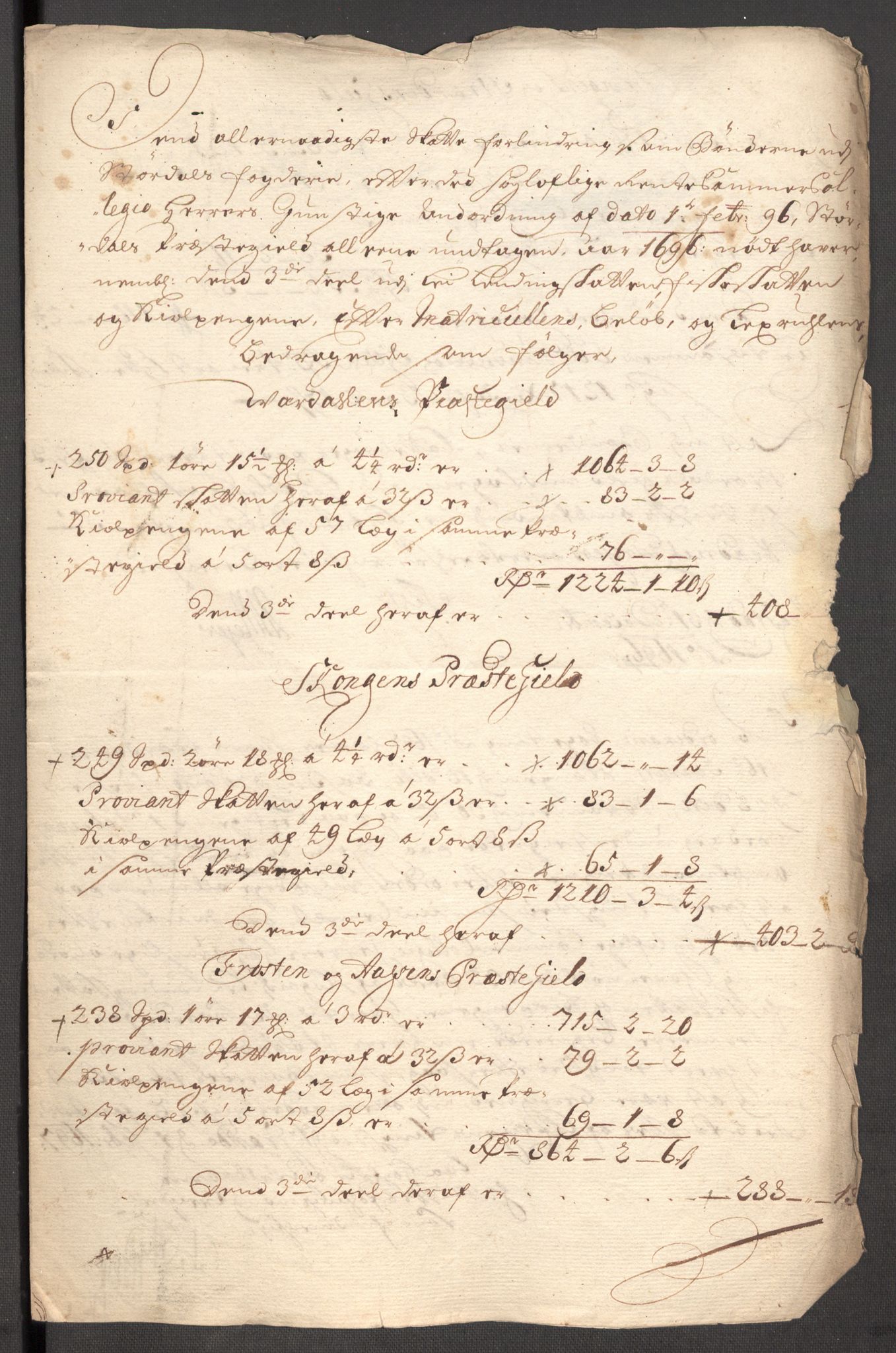Rentekammeret inntil 1814, Reviderte regnskaper, Fogderegnskap, AV/RA-EA-4092/R62/L4188: Fogderegnskap Stjørdal og Verdal, 1696, s. 222