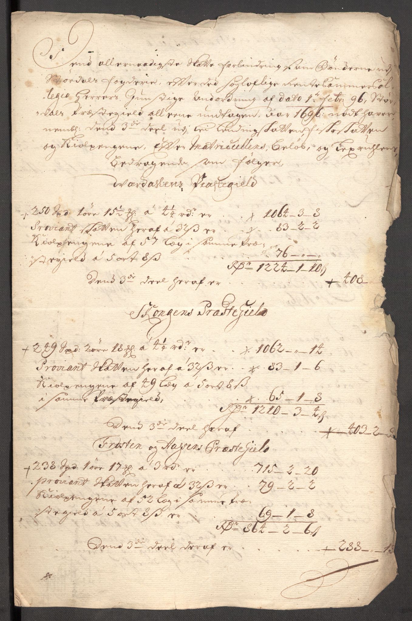 Rentekammeret inntil 1814, Reviderte regnskaper, Fogderegnskap, RA/EA-4092/R62/L4188: Fogderegnskap Stjørdal og Verdal, 1696, s. 222