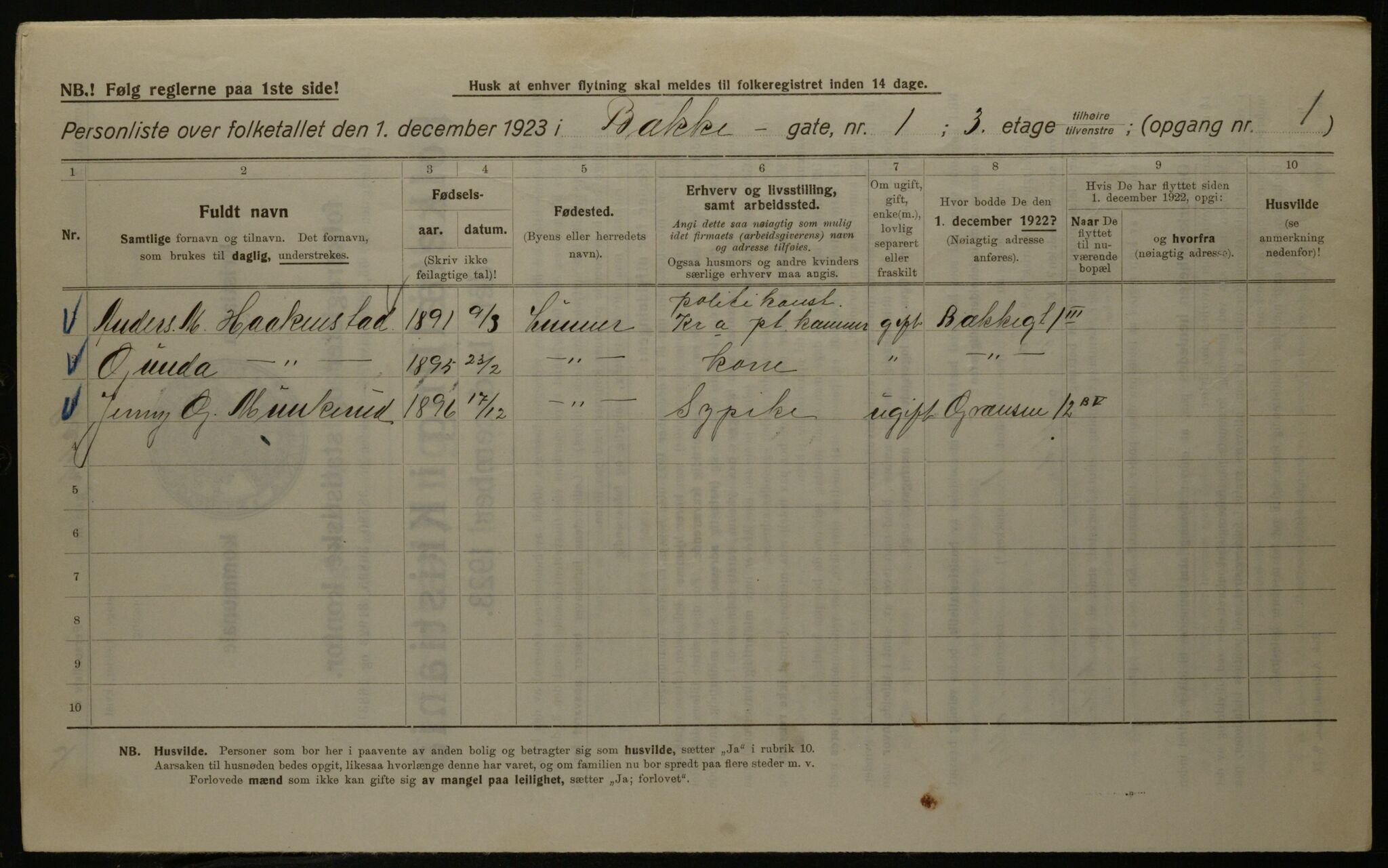 OBA, Kommunal folketelling 1.12.1923 for Kristiania, 1923, s. 3222