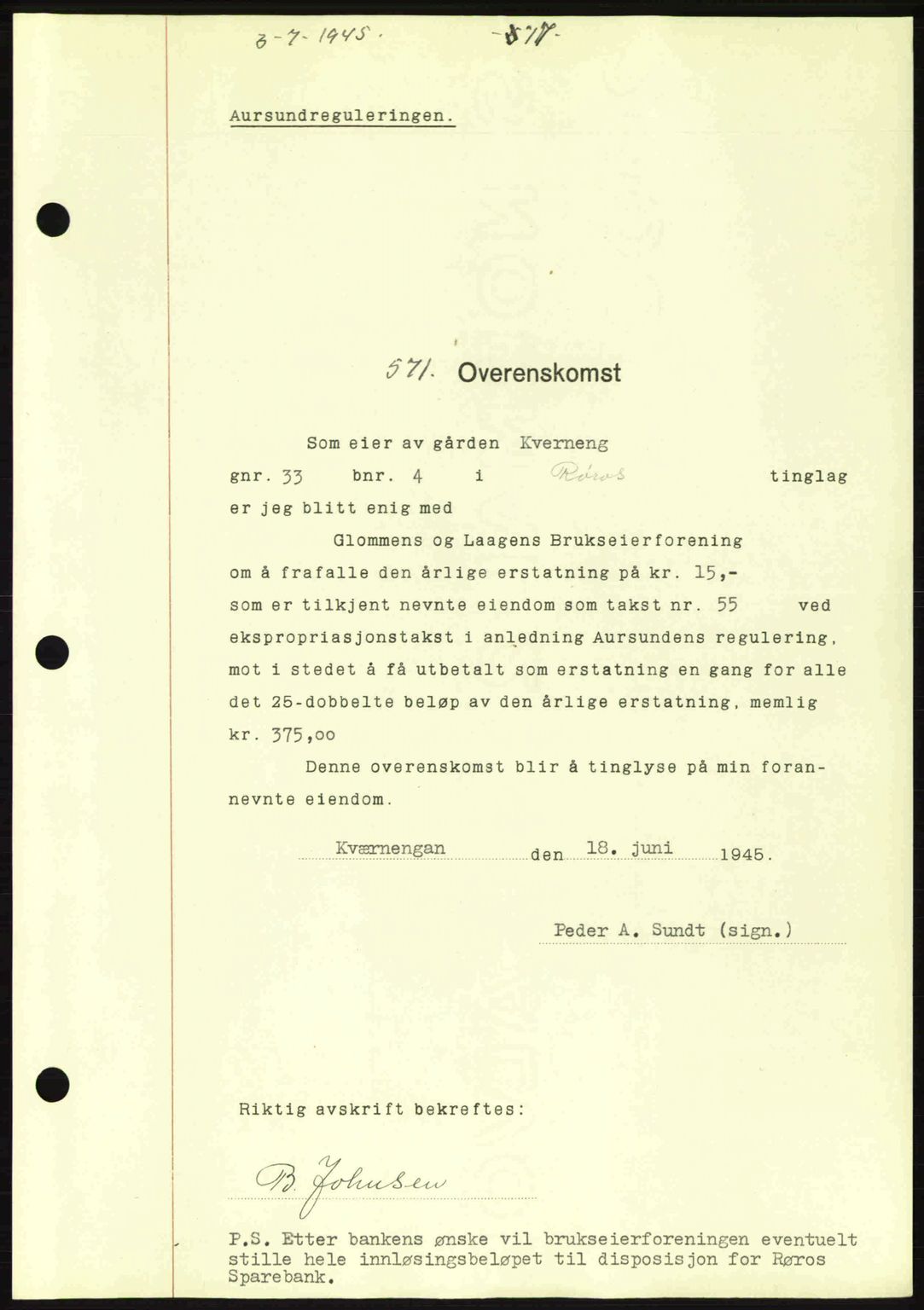 Gauldal sorenskriveri, SAT/A-0014/1/2/2C: Pantebok nr. A1a, 1945-1945, Dagboknr: 571/1945