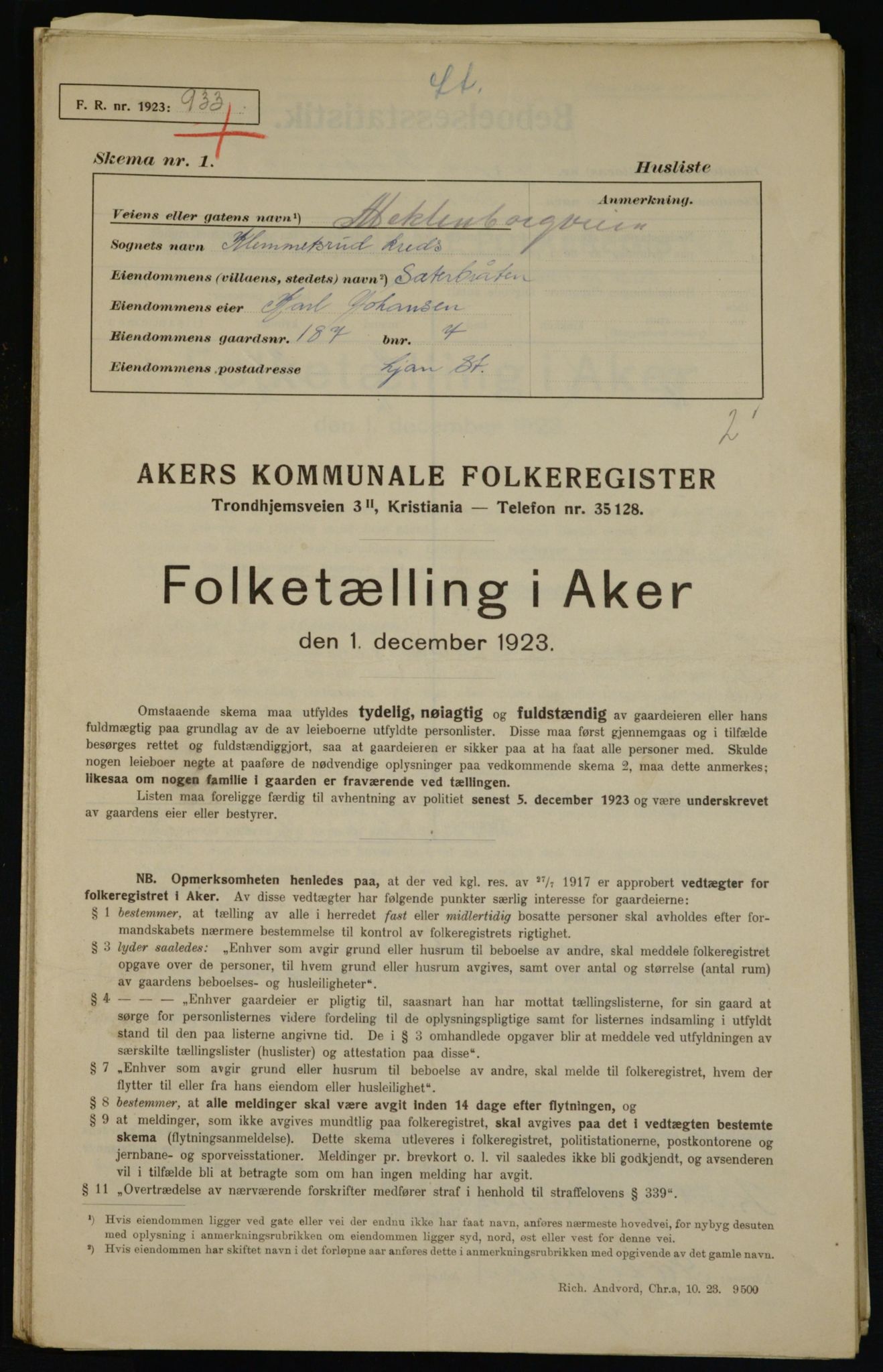 , Kommunal folketelling 1.12.1923 for Aker, 1923, s. 42176