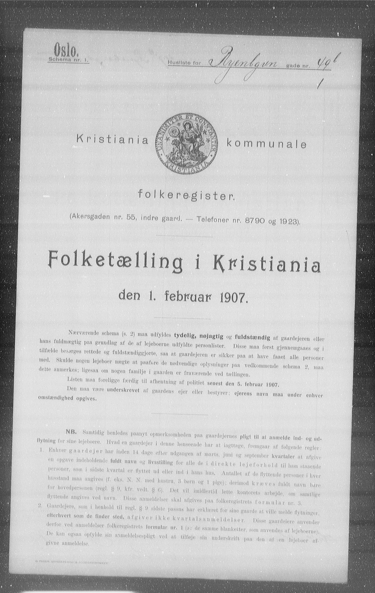 OBA, Kommunal folketelling 1.2.1907 for Kristiania kjøpstad, 1907, s. 43845