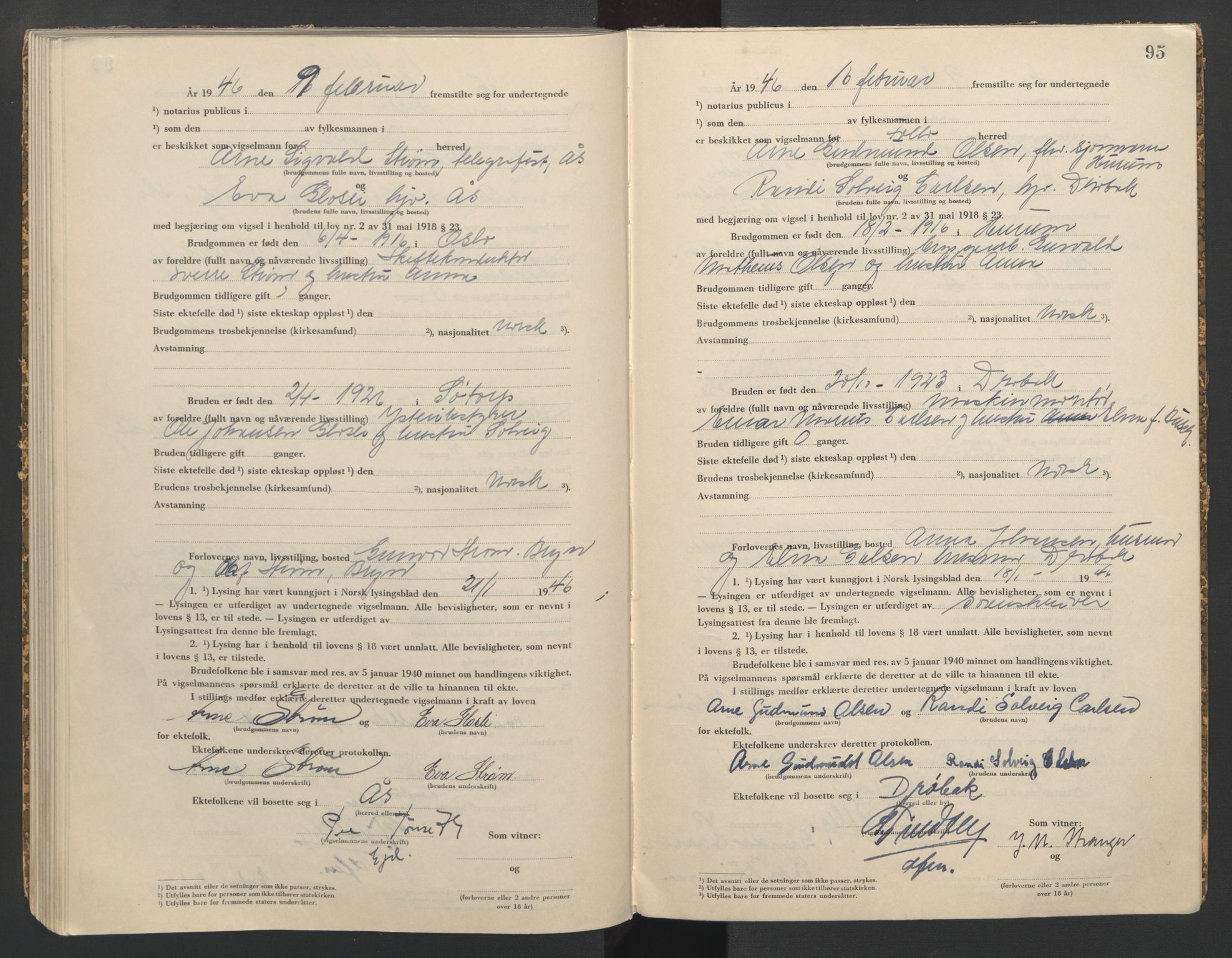 Follo sorenskriveri, AV/SAO-A-10274/L/La/Lab/L0002: Vigselsbok, 1942-1946, s. 95