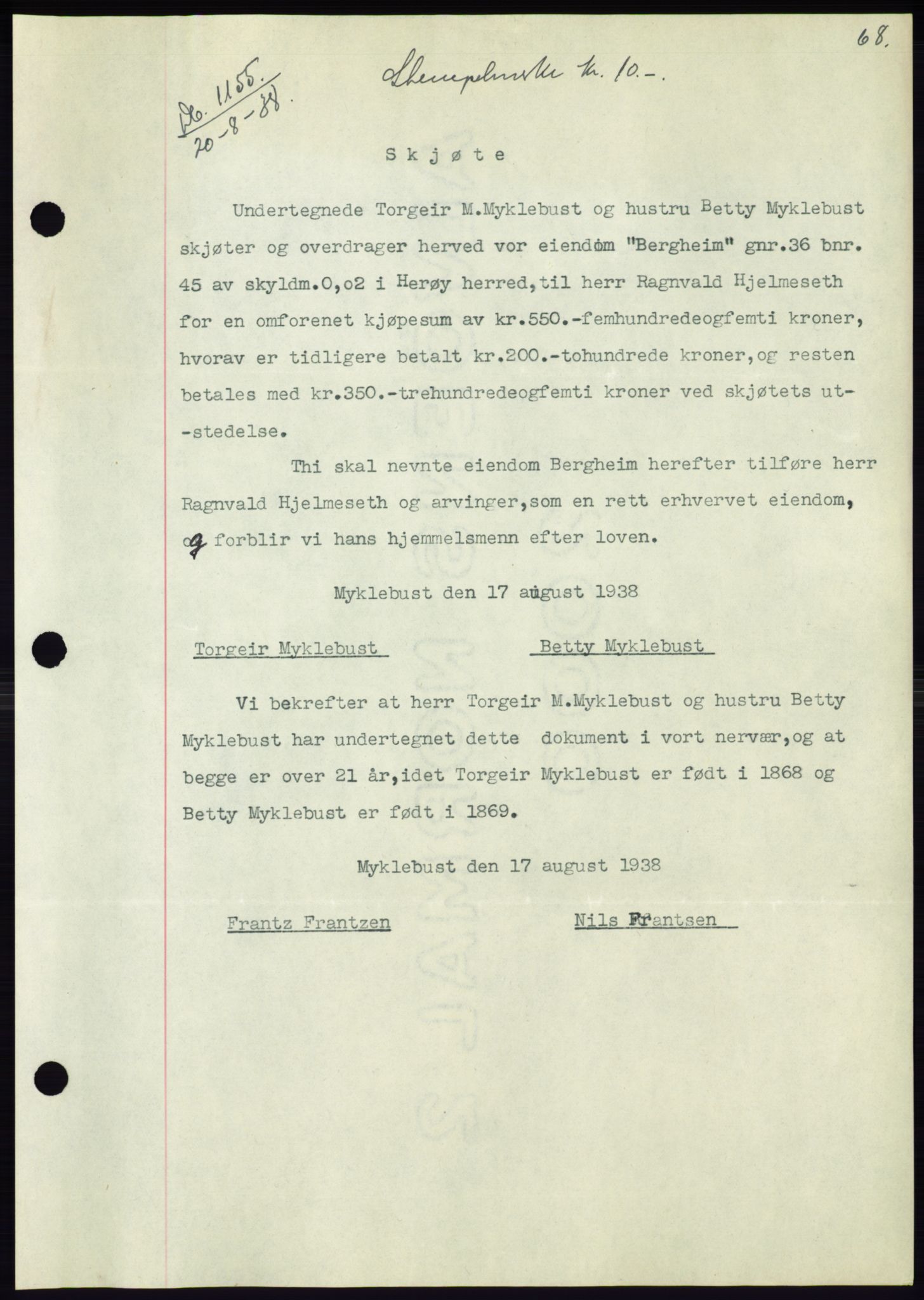 Søre Sunnmøre sorenskriveri, AV/SAT-A-4122/1/2/2C/L0066: Pantebok nr. 60, 1938-1938, Dagboknr: 1155/1938