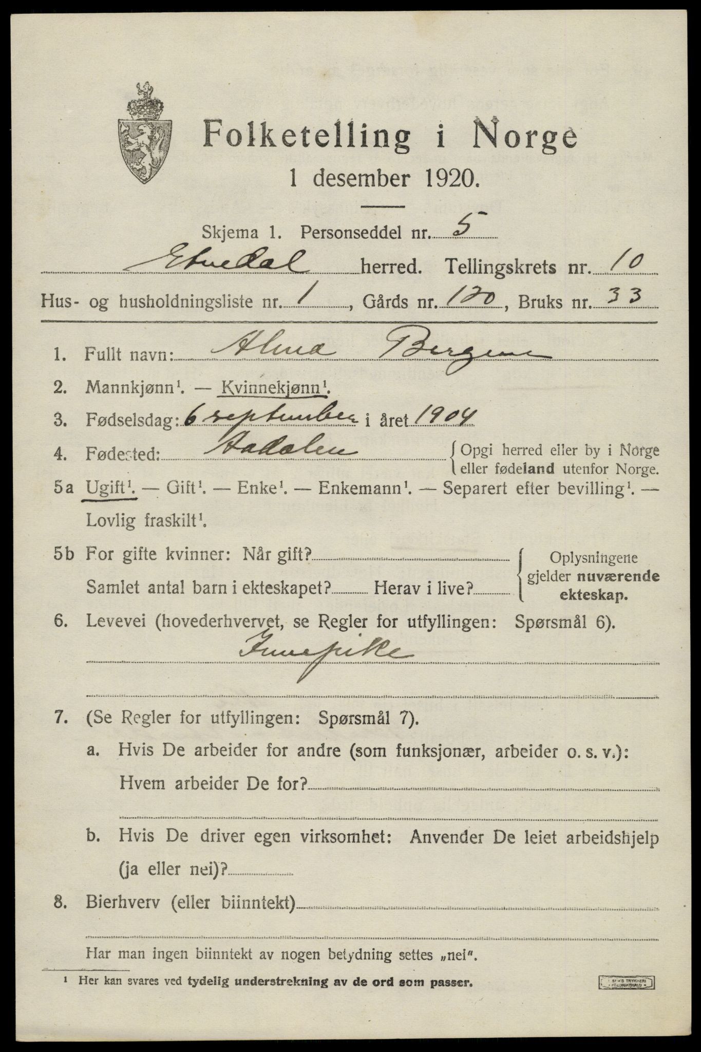 SAH, Folketelling 1920 for 0541 Etnedal herred, 1920, s. 4412