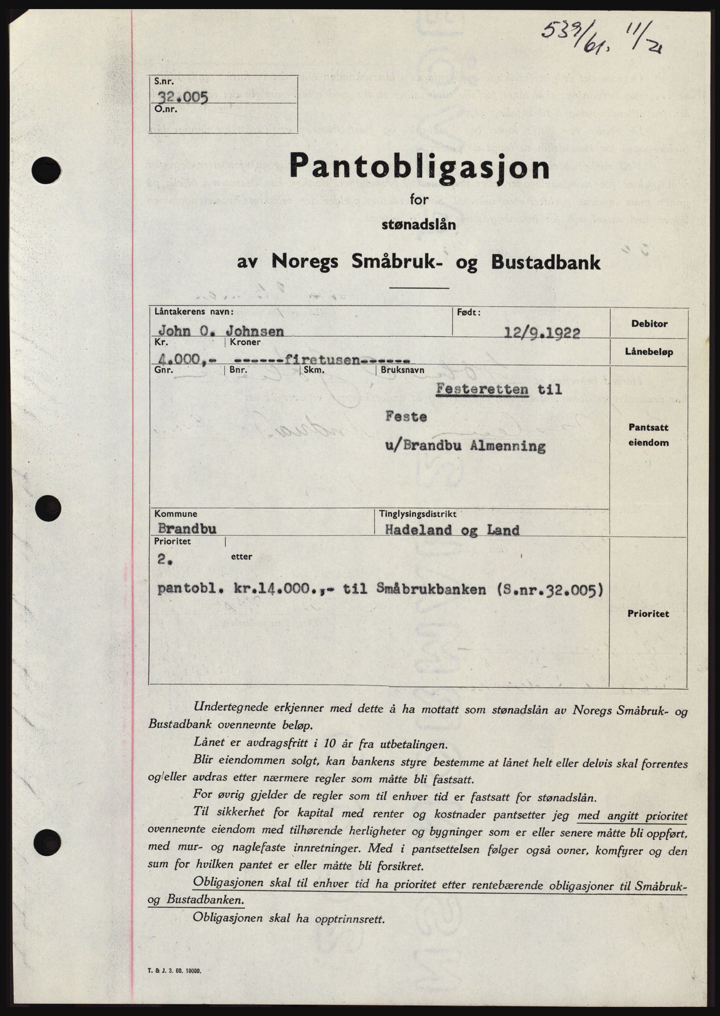 Hadeland og Land tingrett, SAH/TING-010/H/Hb/Hbc/L0045: Pantebok nr. B45, 1961-1961, Dagboknr: 539/1961