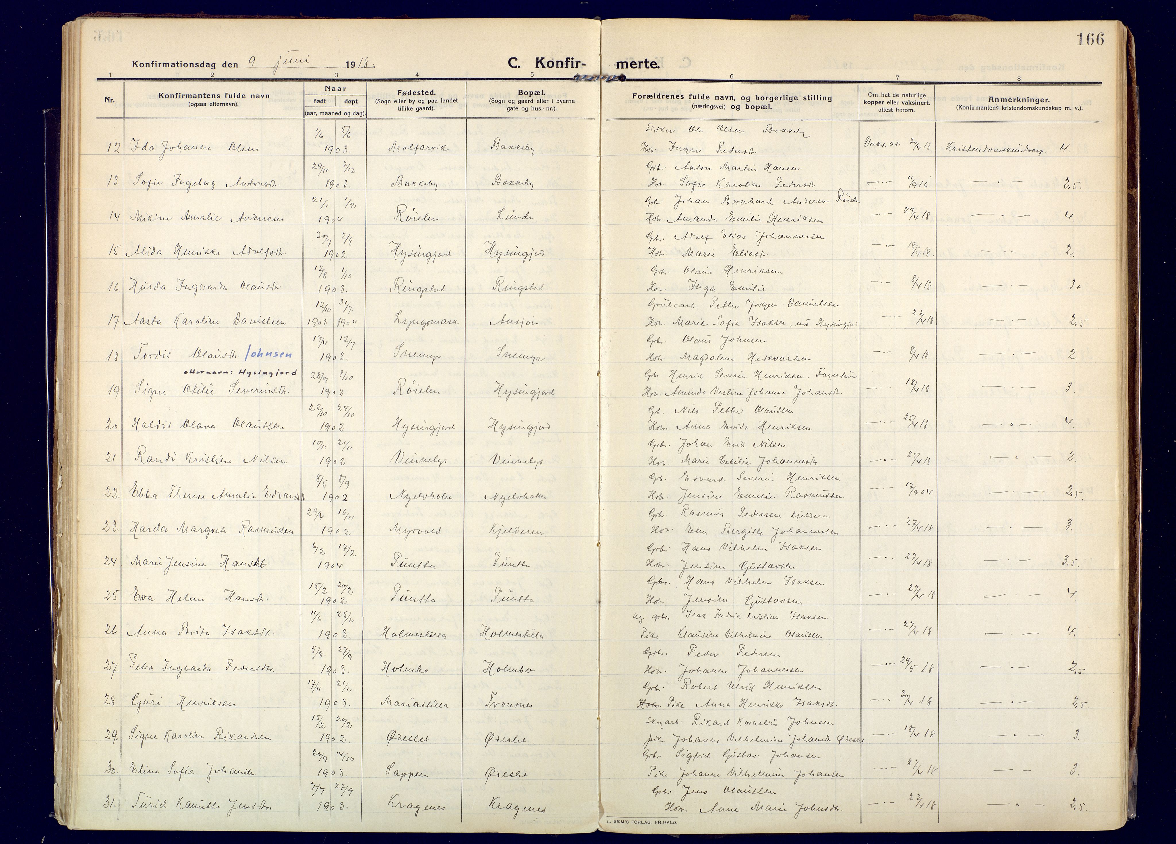 Skjervøy sokneprestkontor, AV/SATØ-S-1300/H/Ha/Haa: Ministerialbok nr. 20, 1911-1931, s. 166