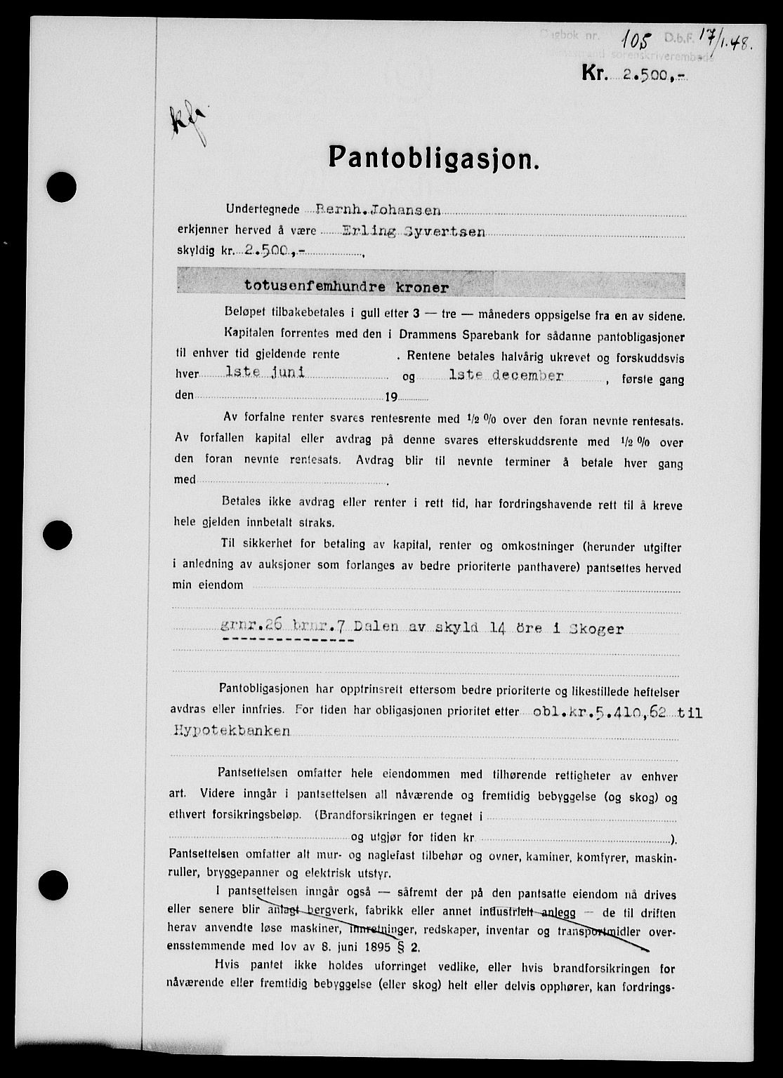 Holmestrand sorenskriveri, SAKO/A-67/G/Ga/Gab/L0058: Pantebok nr. B-58, 1947-1948, Dagboknr: 105/1948