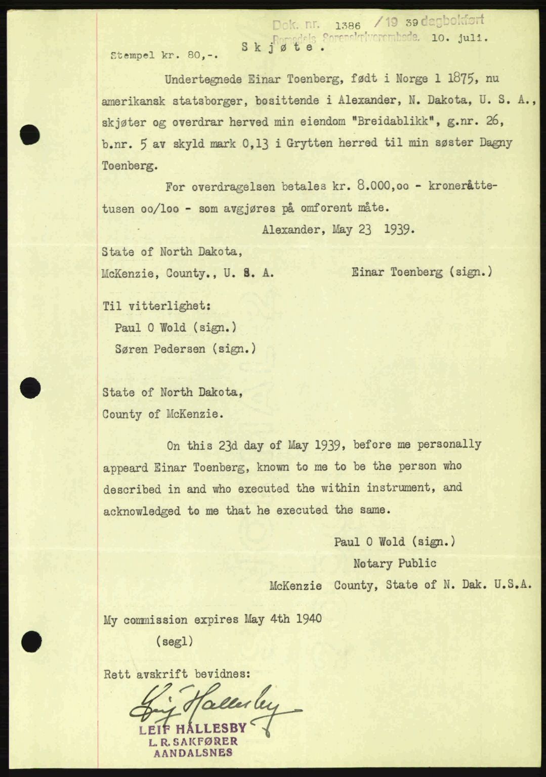 Romsdal sorenskriveri, AV/SAT-A-4149/1/2/2C: Pantebok nr. A7, 1939-1939, Dagboknr: 1386/1939