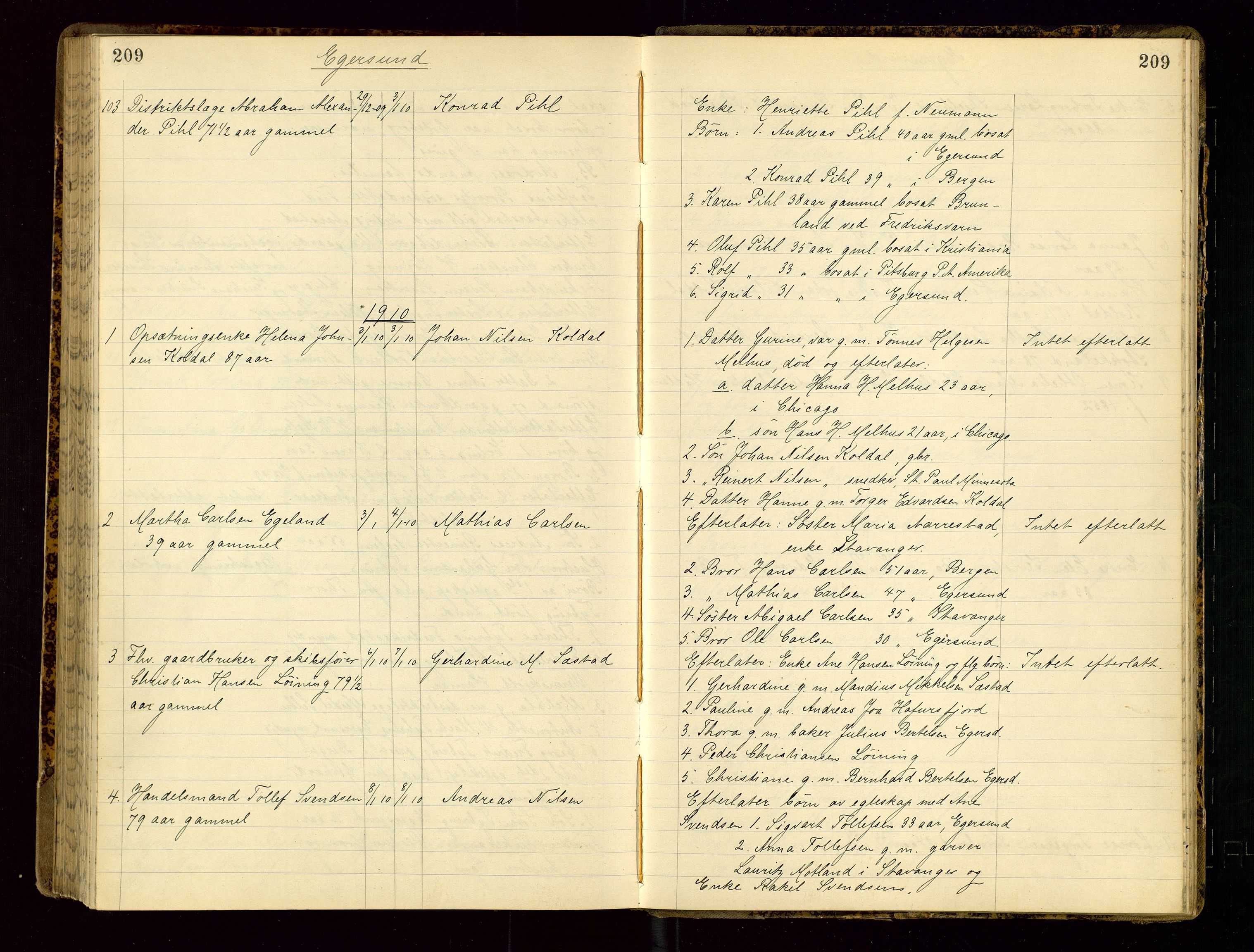 Dalane sorenskriveri, AV/SAST-A-100309/001/5/52/L0001: DØDSFALLPROTOKOLL, 1904-1911, s. 209