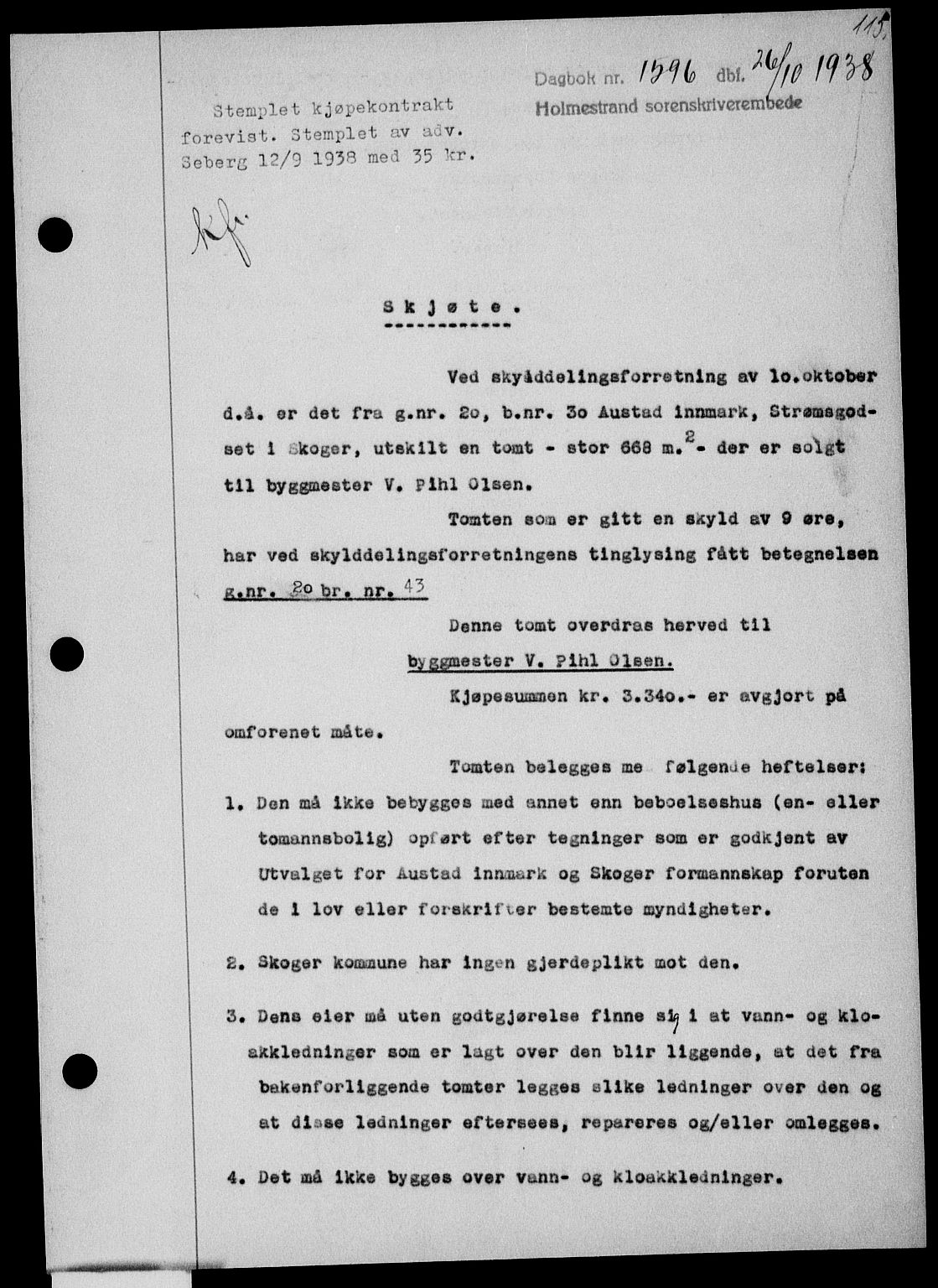 Holmestrand sorenskriveri, SAKO/A-67/G/Ga/Gaa/L0050: Pantebok nr. A-50, 1938-1939, Dagboknr: 1596/1938