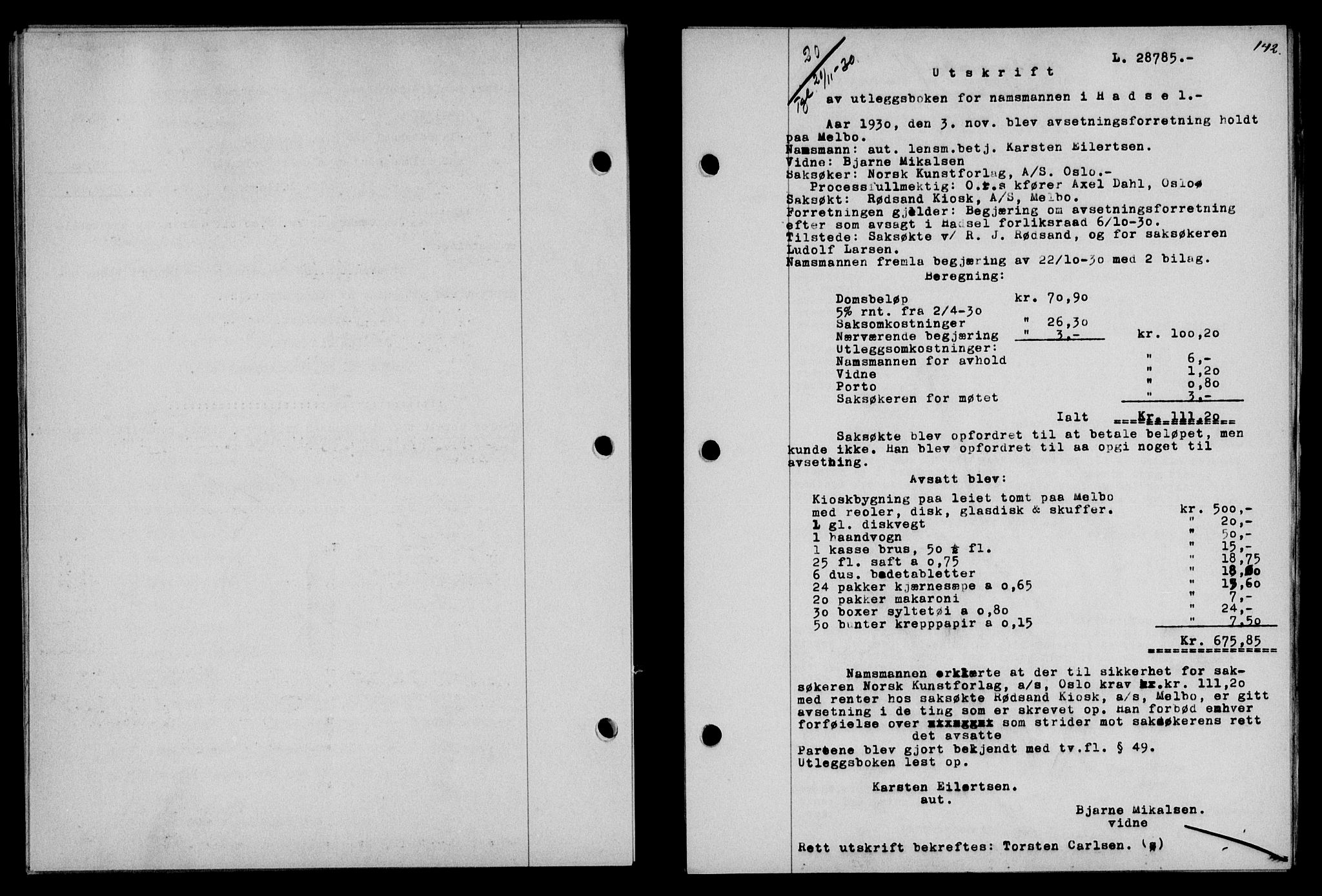 Vesterålen sorenskriveri, SAT/A-4180/1/2/2Ca/L0052: Pantebok nr. 45, 1930-1931, Tingl.dato: 20.11.1930