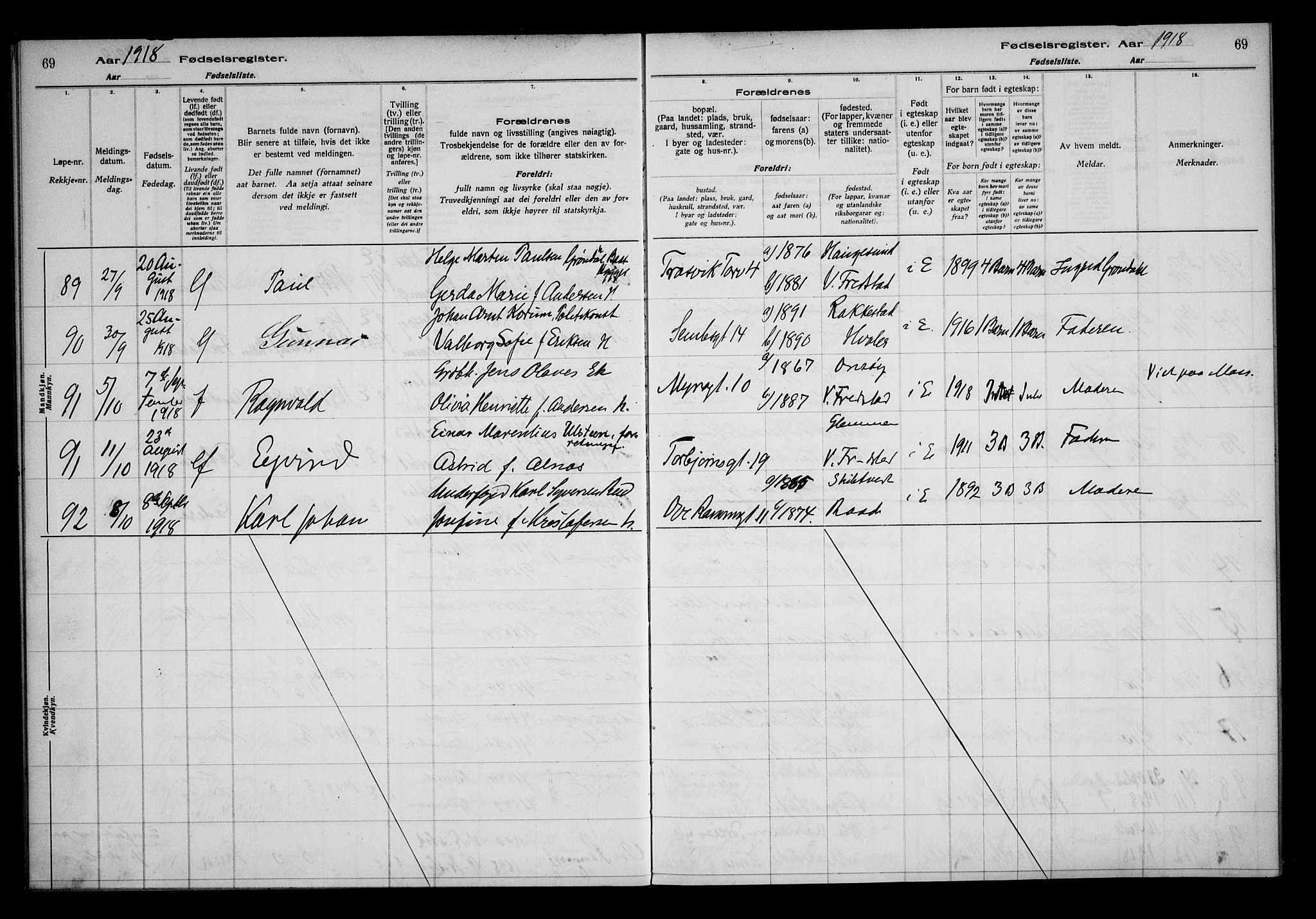 Fredrikstad domkirkes prestekontor Kirkebøker, AV/SAO-A-10906/J/*Ja/L0001: Fødselsregister nr. 1, 1916-1925, s. 69