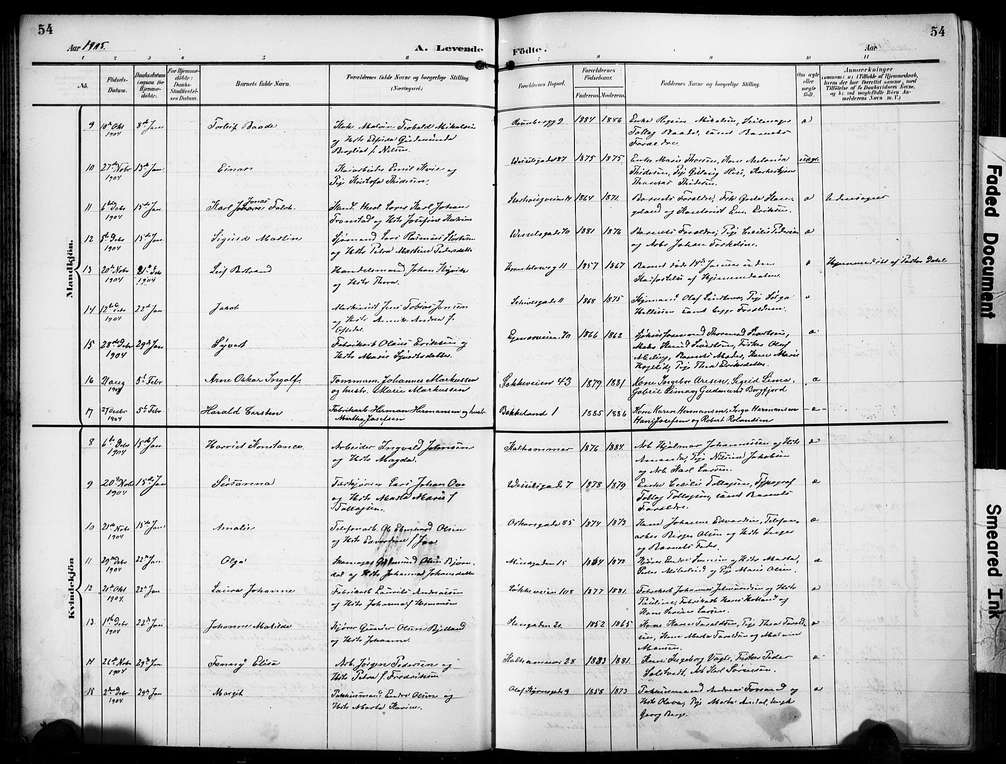 Domkirken sokneprestkontor, AV/SAST-A-101812/001/30/30BB/L0018: Klokkerbok nr. B 18, 1903-1915, s. 54