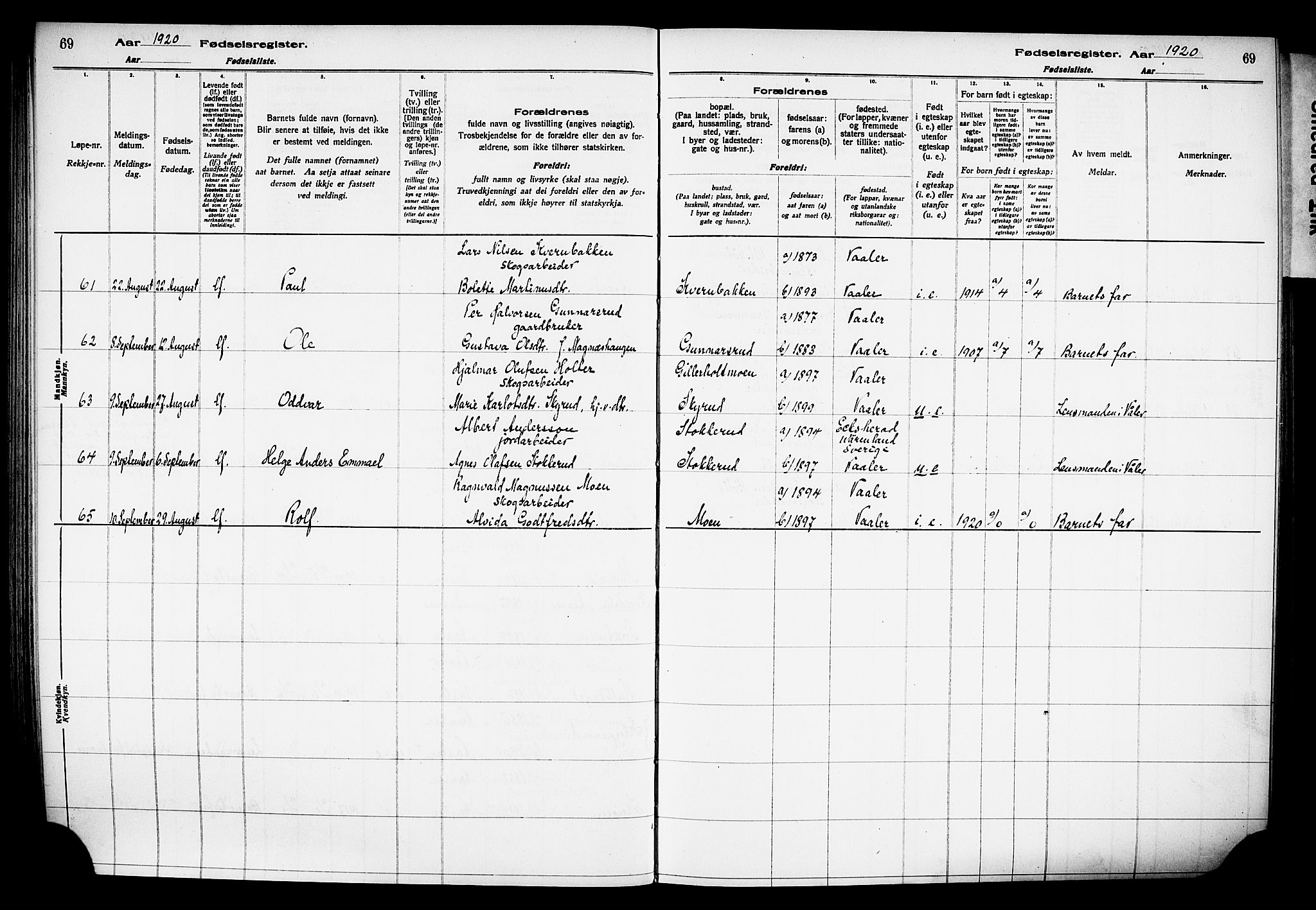 Våler prestekontor, Hedmark, AV/SAH-PREST-040/I/Id/L0001: Fødselsregister nr. 1, 1916-1930, s. 69