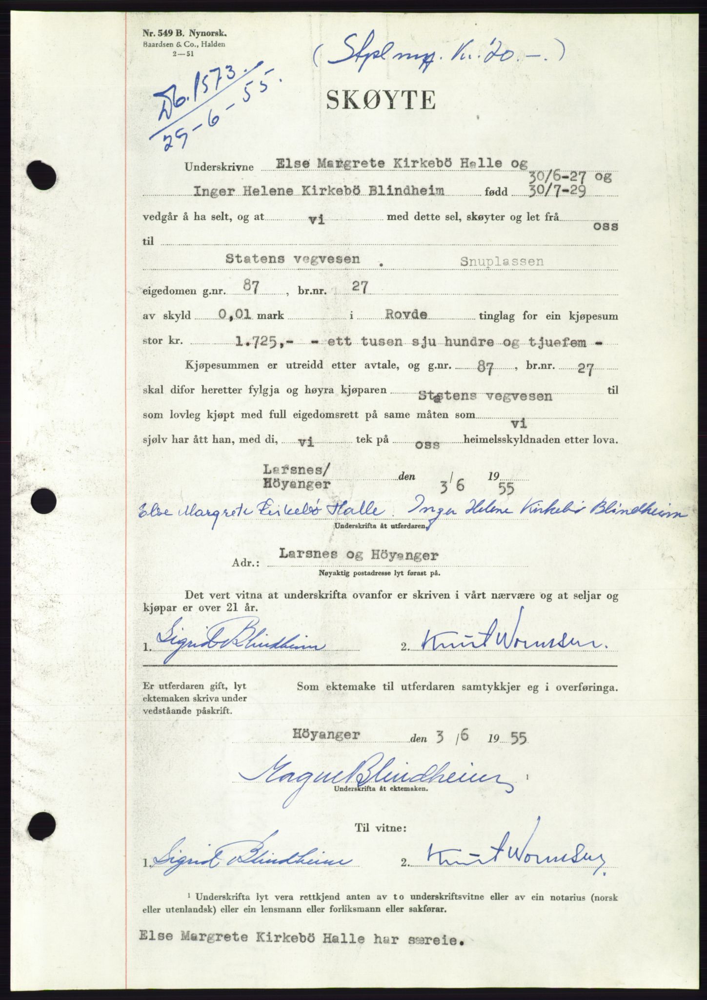 Søre Sunnmøre sorenskriveri, AV/SAT-A-4122/1/2/2C/L0101: Pantebok nr. 27A, 1955-1955, Dagboknr: 1573/1955