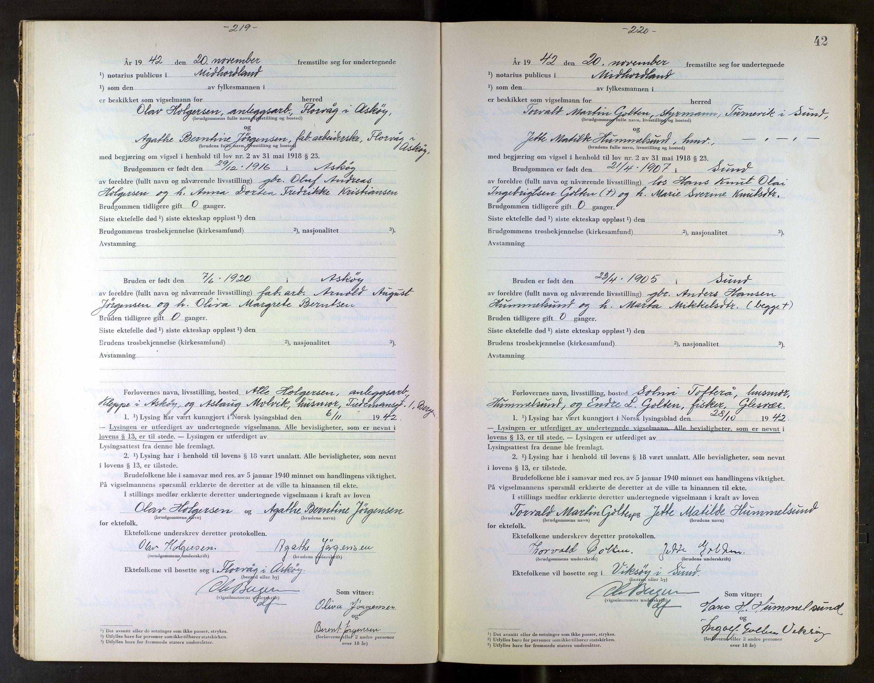 Midhordland sorenskriveri, SAB/A-3001/1/M/Mc/Mca/L0003: Notarialbilag. Vigselbøker, 1942-1943, s. 42