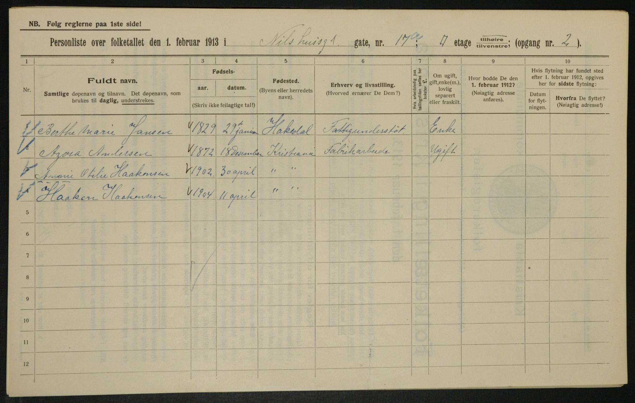 OBA, Kommunal folketelling 1.2.1913 for Kristiania, 1913, s. 70999