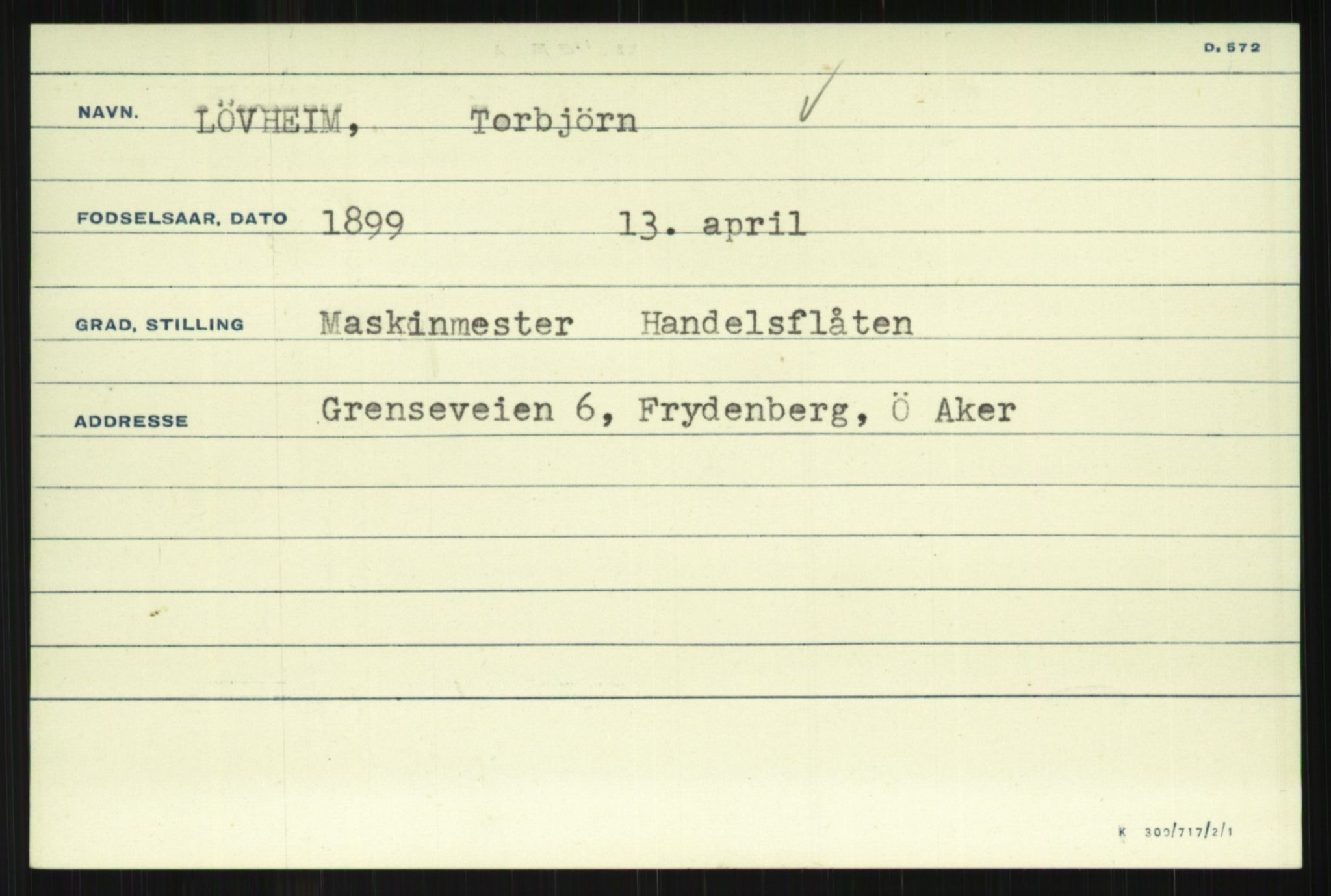 Direktoratet for sjømenn, AV/RA-S-3545/G/Gi/L0007: Kartotek over krigsdekorasjoner tildelt nordmenn under krigen, 1940-1945, s. 1023