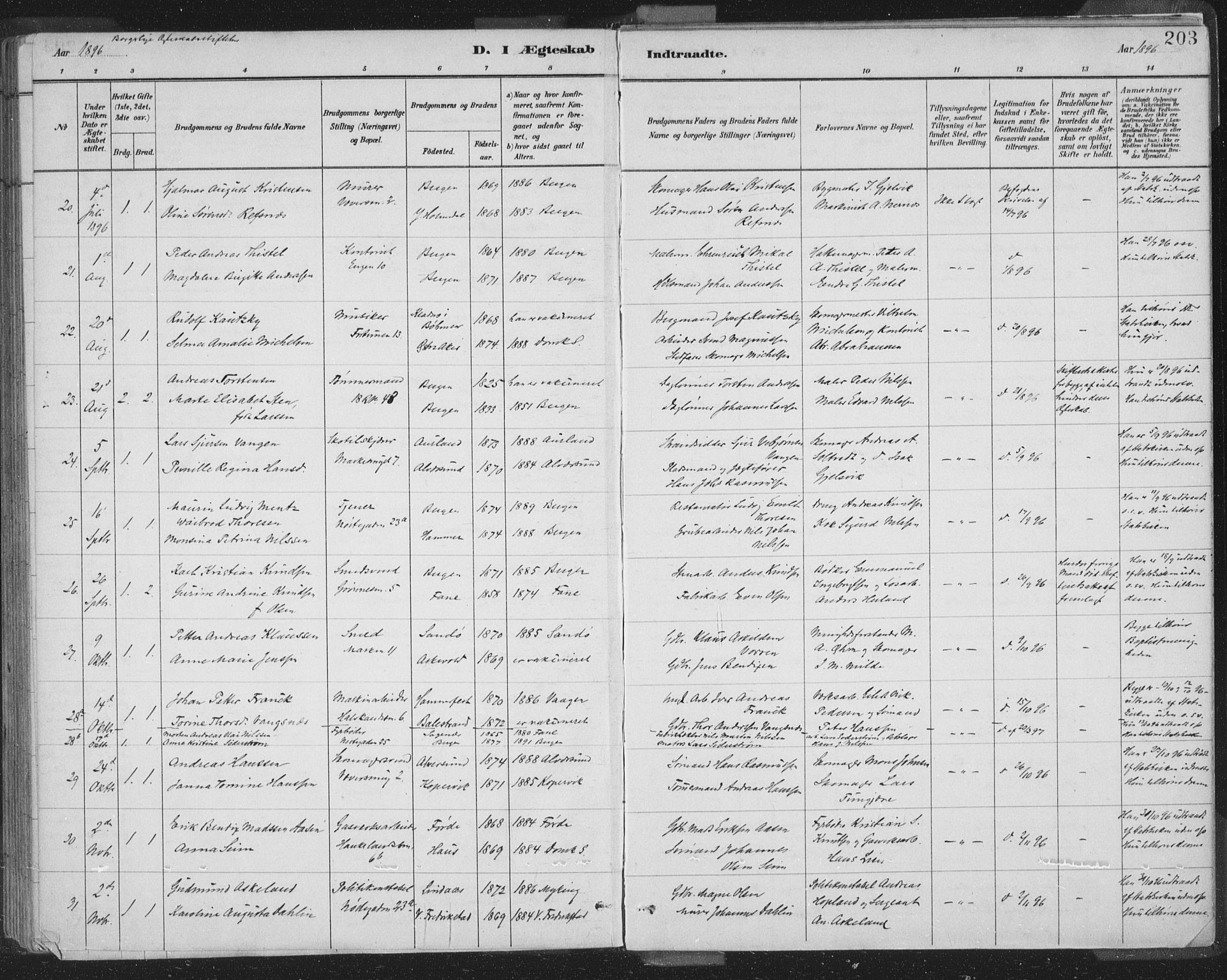 Domkirken sokneprestembete, SAB/A-74801/H/Hab/L0032: Klokkerbok nr. D 4, 1880-1907, s. 203