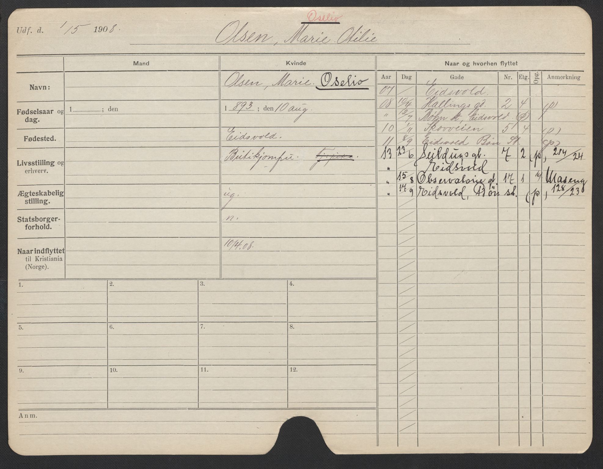 Oslo folkeregister, Registerkort, AV/SAO-A-11715/F/Fa/Fac/L0022: Kvinner, 1906-1914, s. 280a