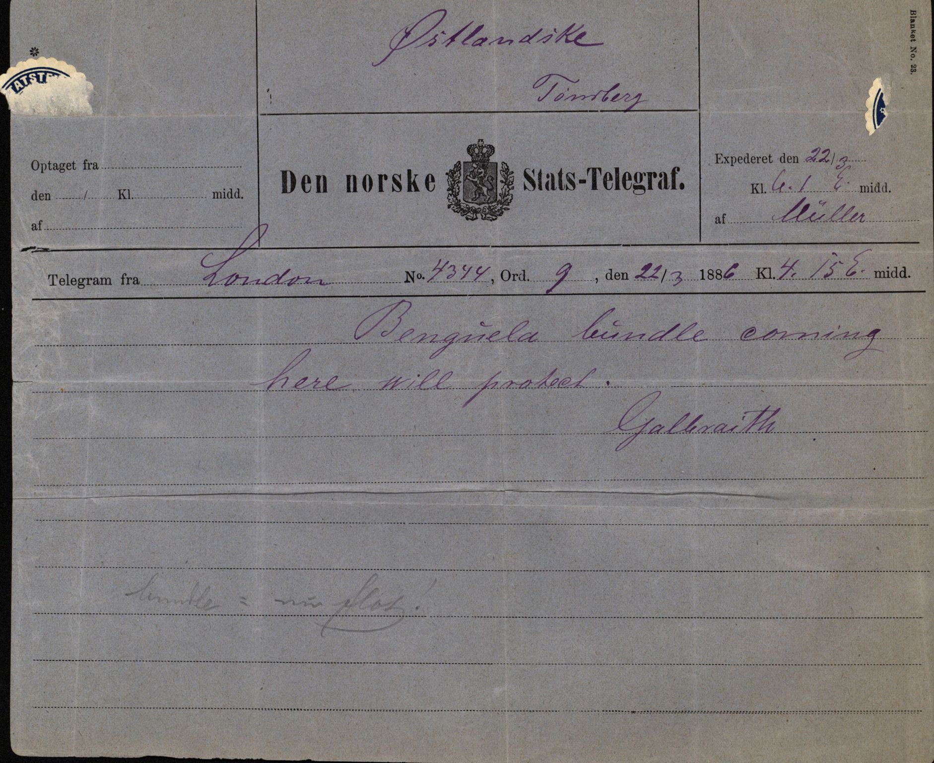 Pa 63 - Østlandske skibsassuranceforening, VEMU/A-1079/G/Ga/L0019/0001: Havaridokumenter / Telanak, Telefon, Ternen, Sir John Lawrence, Benguela, 1886, s. 64